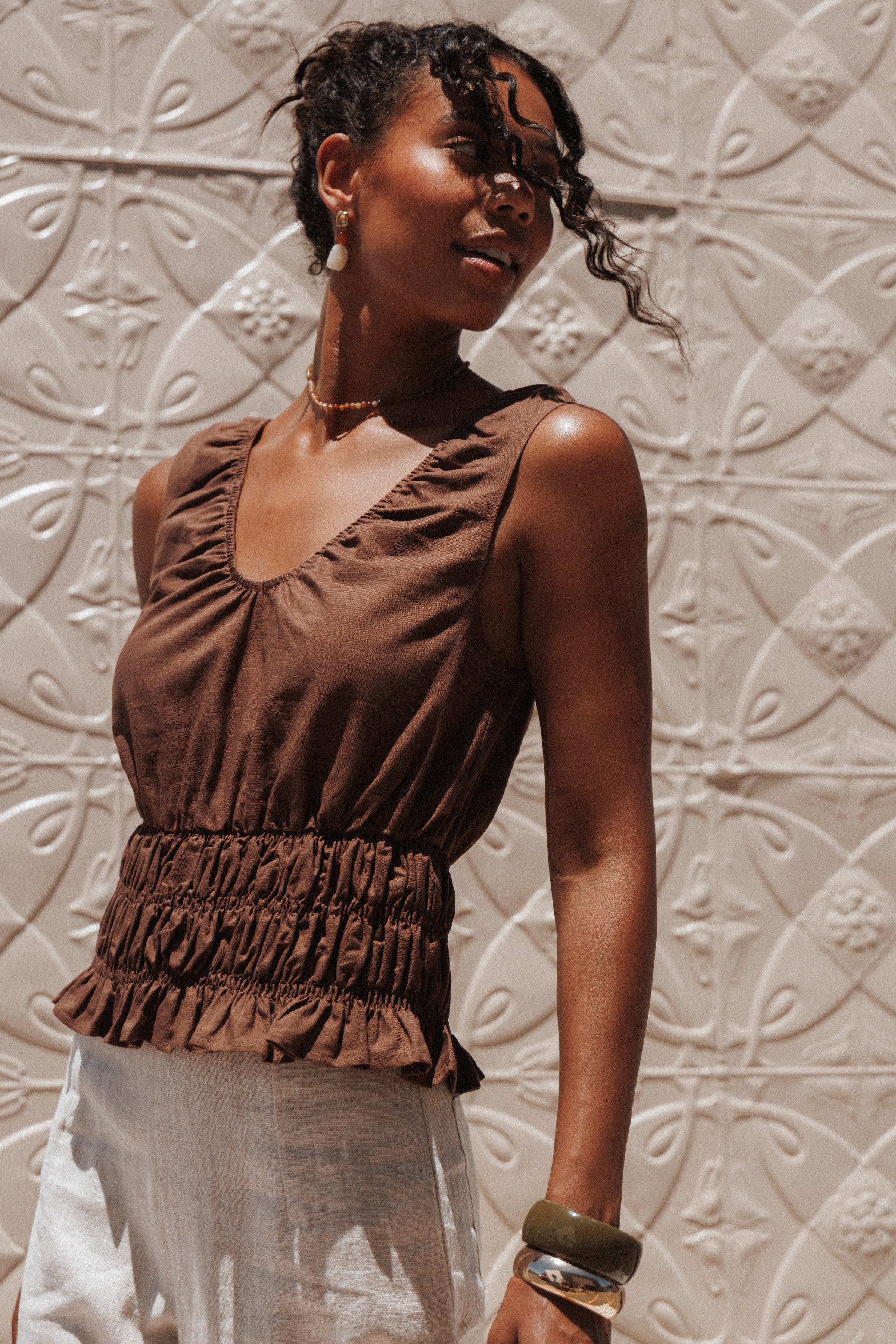 Petal and Pup USA TOPS Lucilla Shirred Waist Top - Chocolate