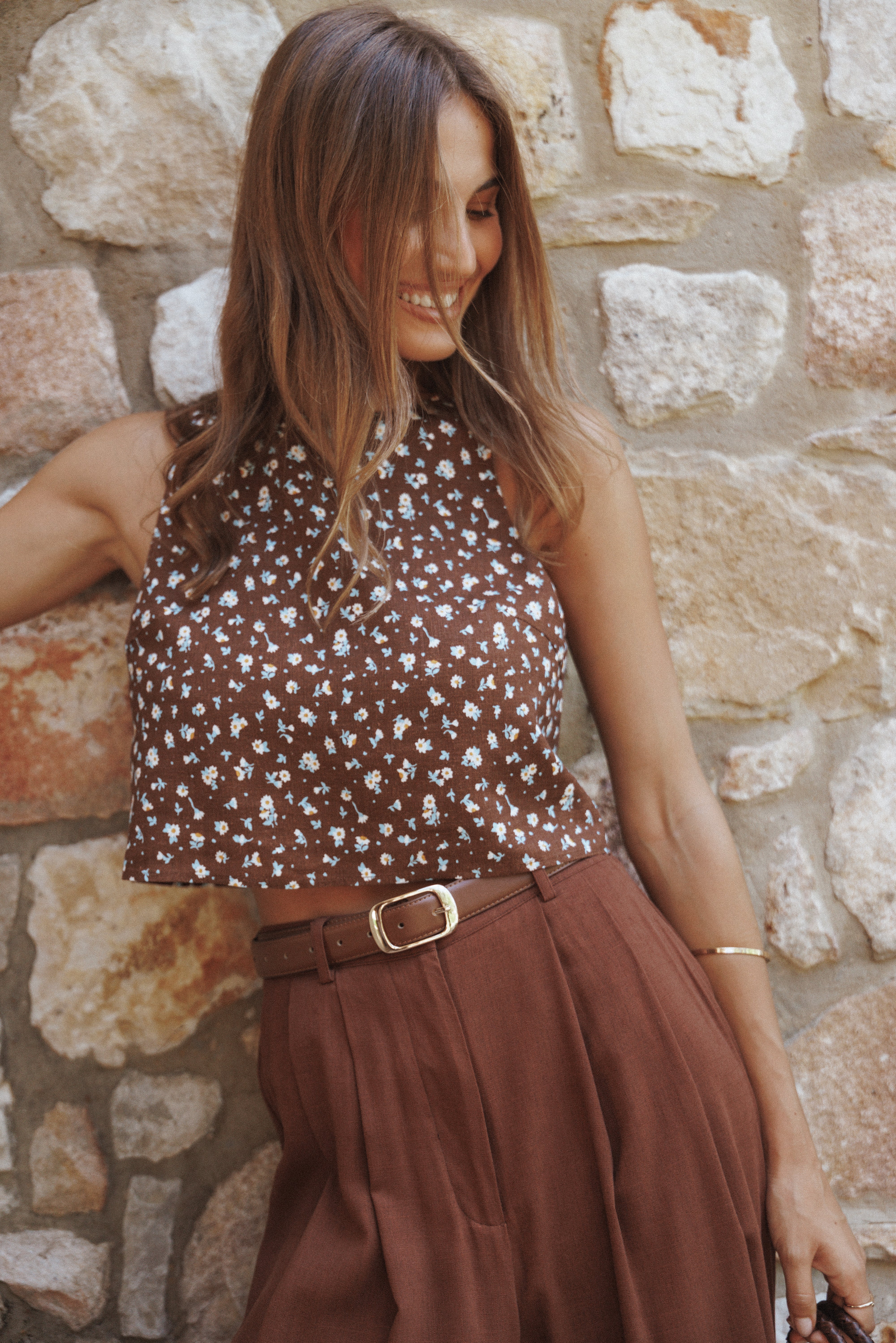 Petal and Pup USA TOPS Madison Linen Cropped Tank - Brown Floral