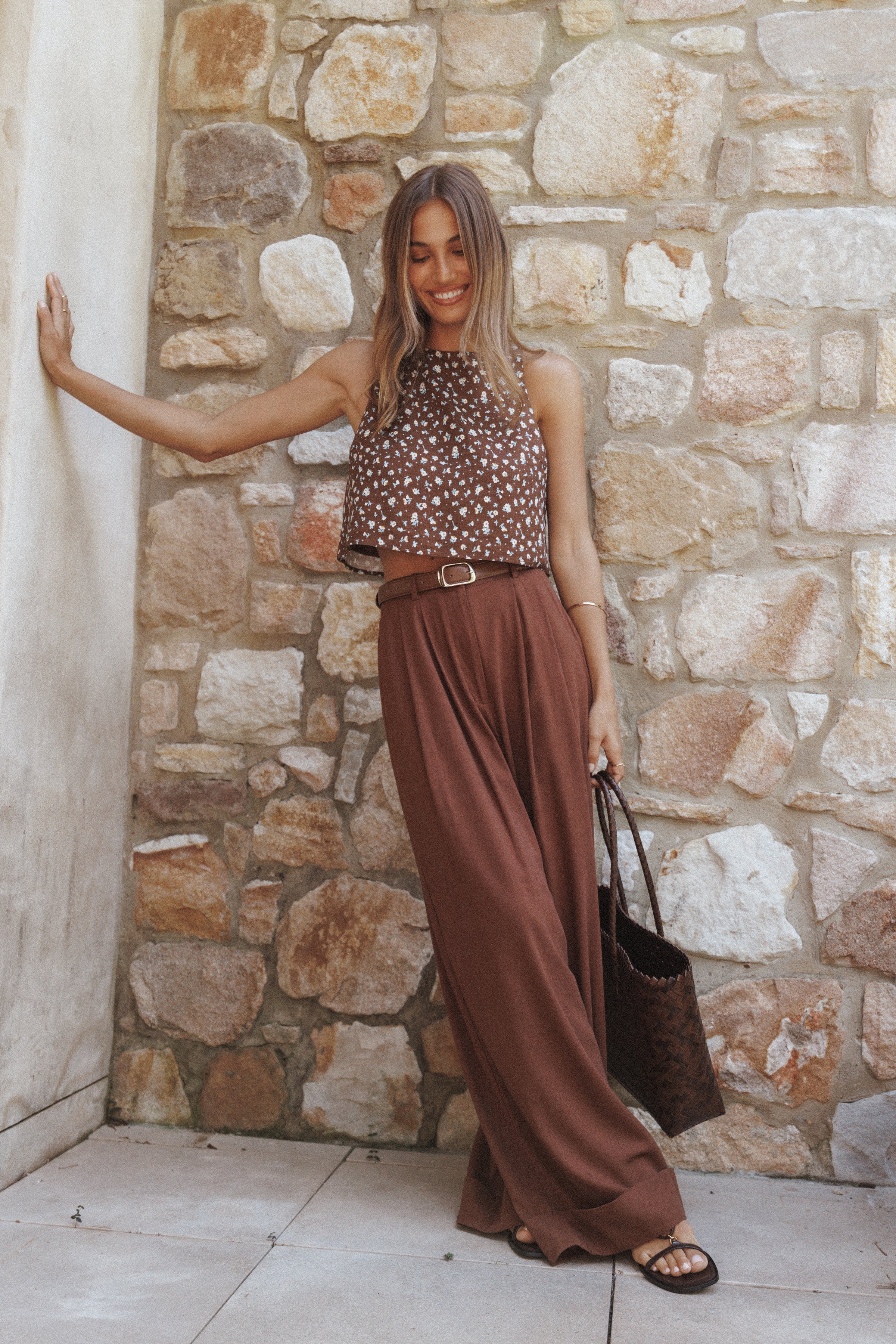 Petal and Pup USA TOPS Madison Linen Cropped Tank - Brown Floral