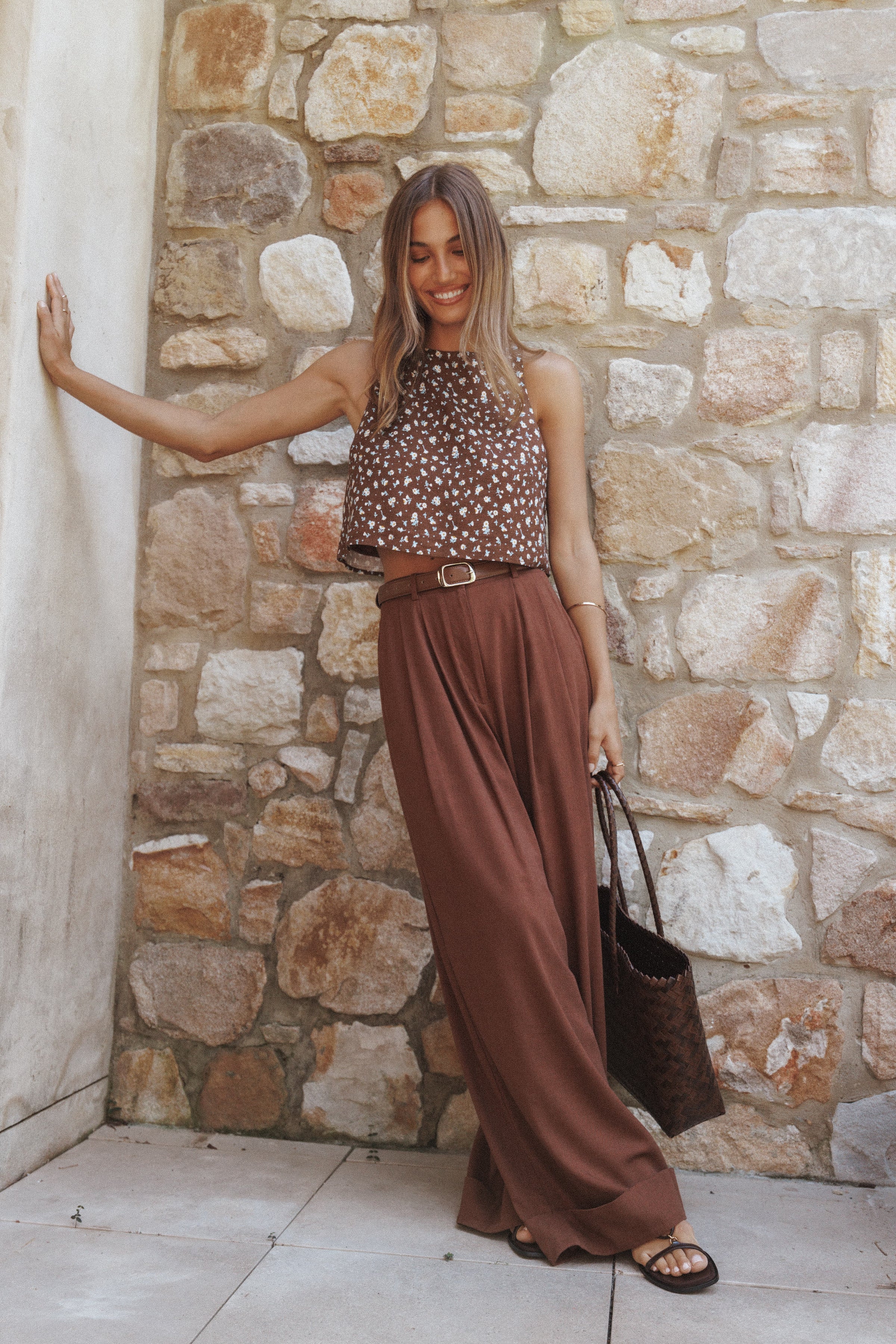 Petal and Pup USA TOPS Madison Linen Cropped Tank - Brown Floral