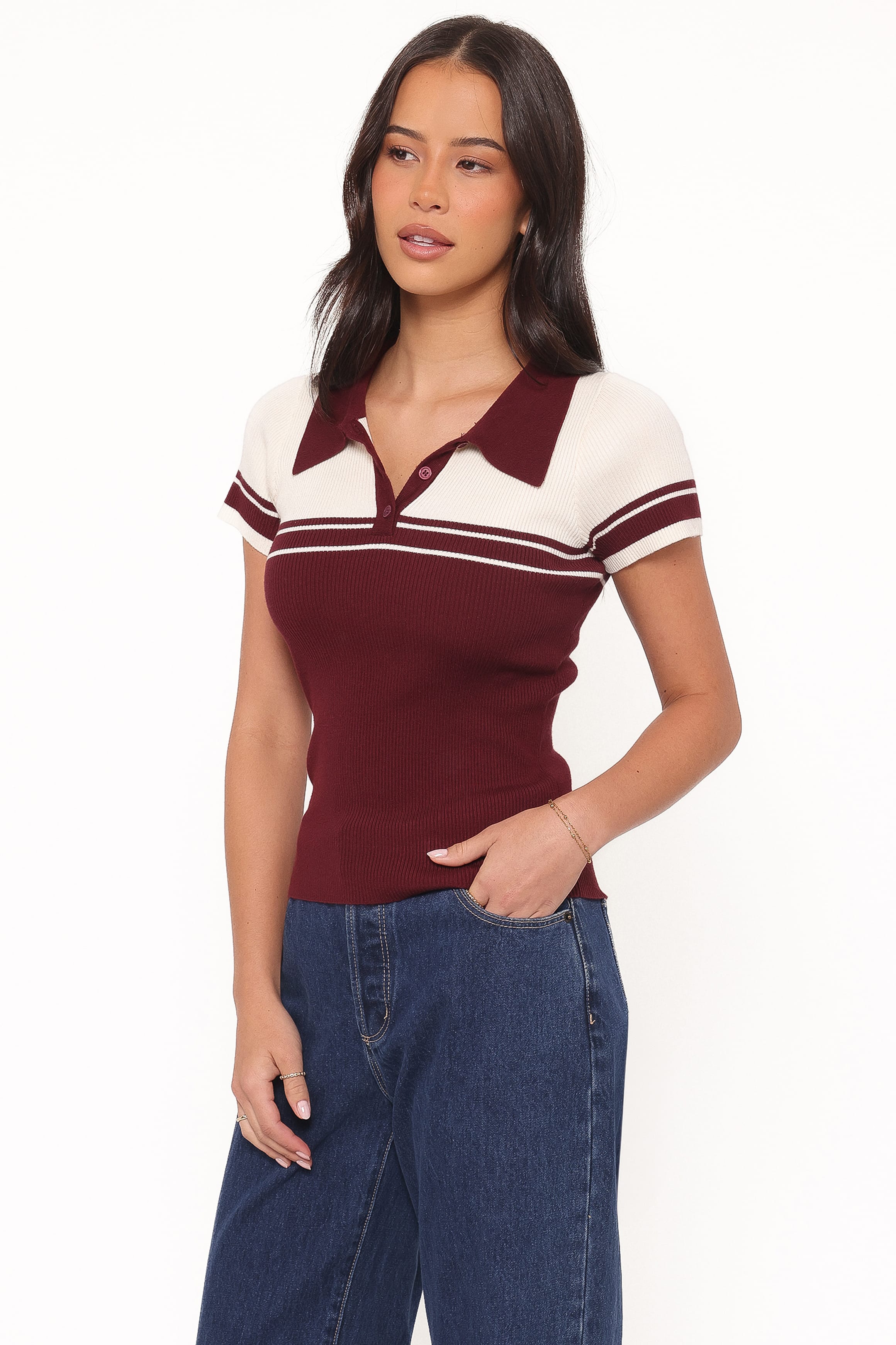 Petal and Pup USA TOPS Maris Knit Polo Top - Burgundy/Cream Stripe