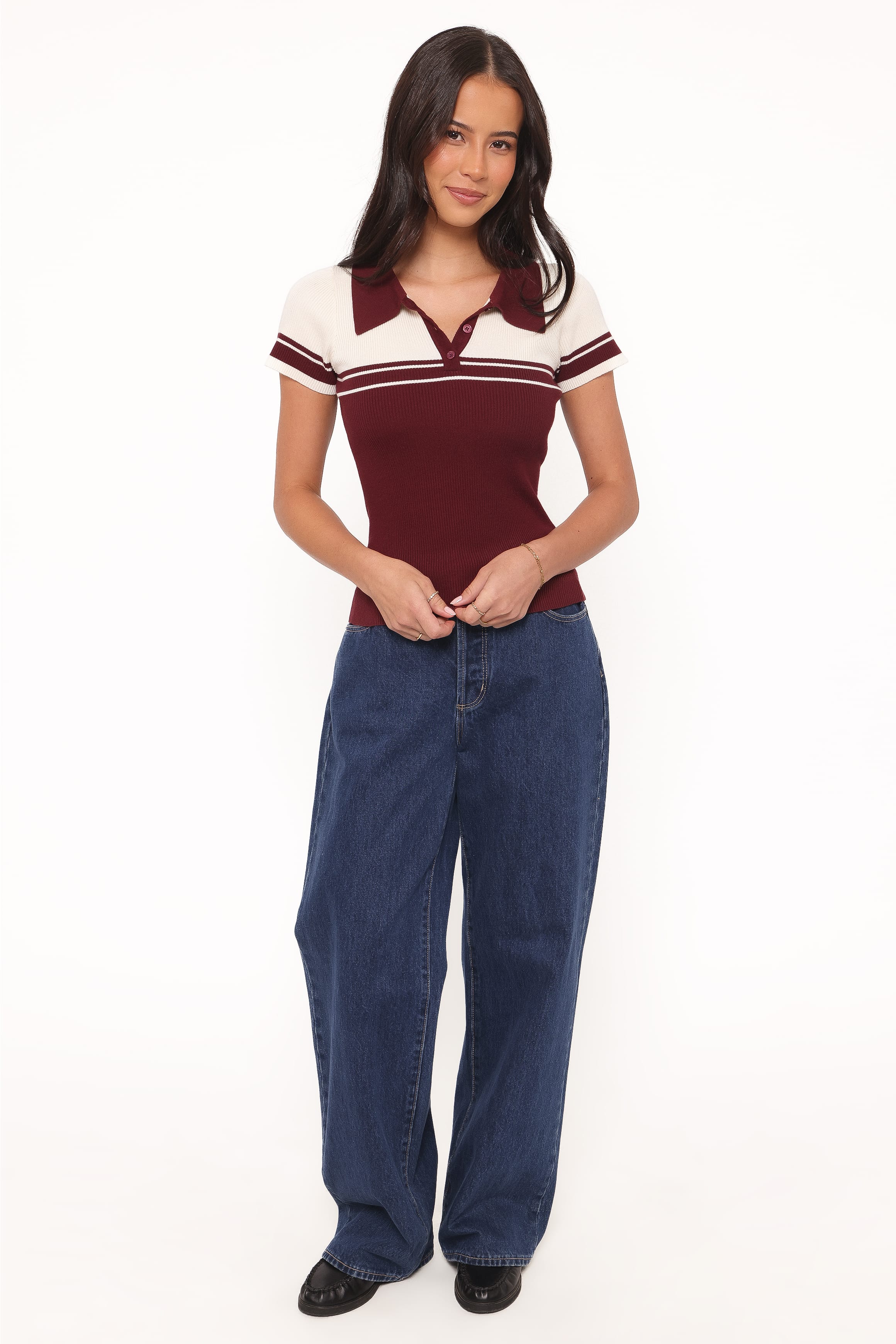Petal and Pup USA TOPS Maris Knit Polo Top - Burgundy/Cream Stripe
