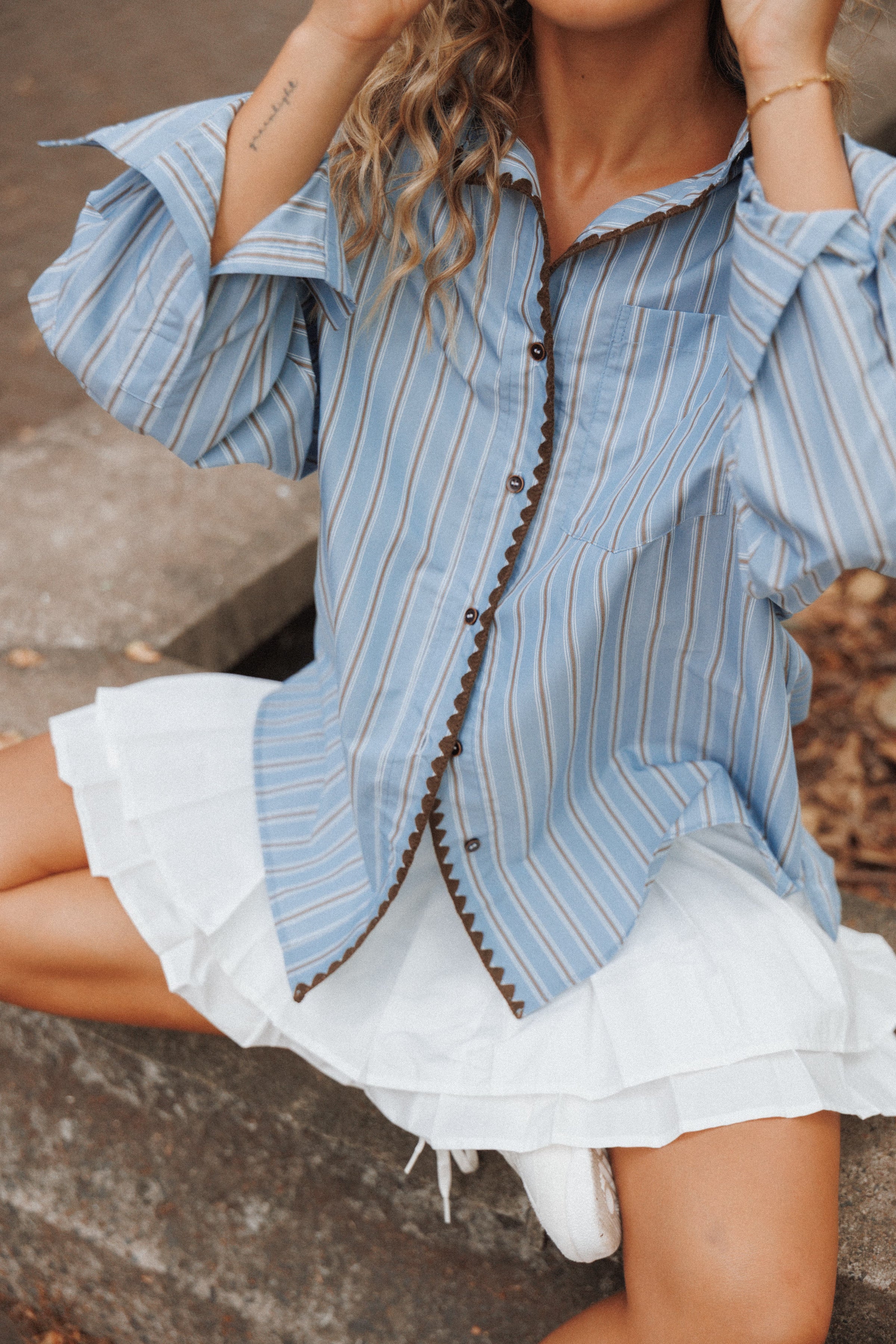 Petal and Pup USA TOPS Mila Button Up Shirt - Blue/Brown Stripe