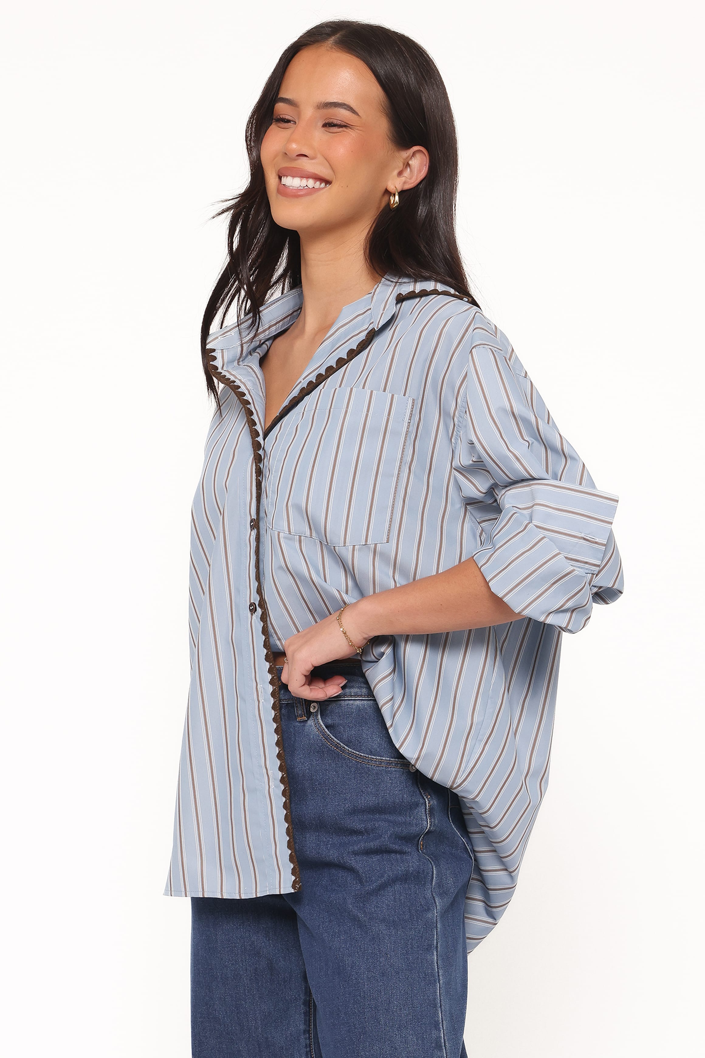 Petal and Pup USA TOPS Mila Button Up Shirt - Blue/Brown Stripe