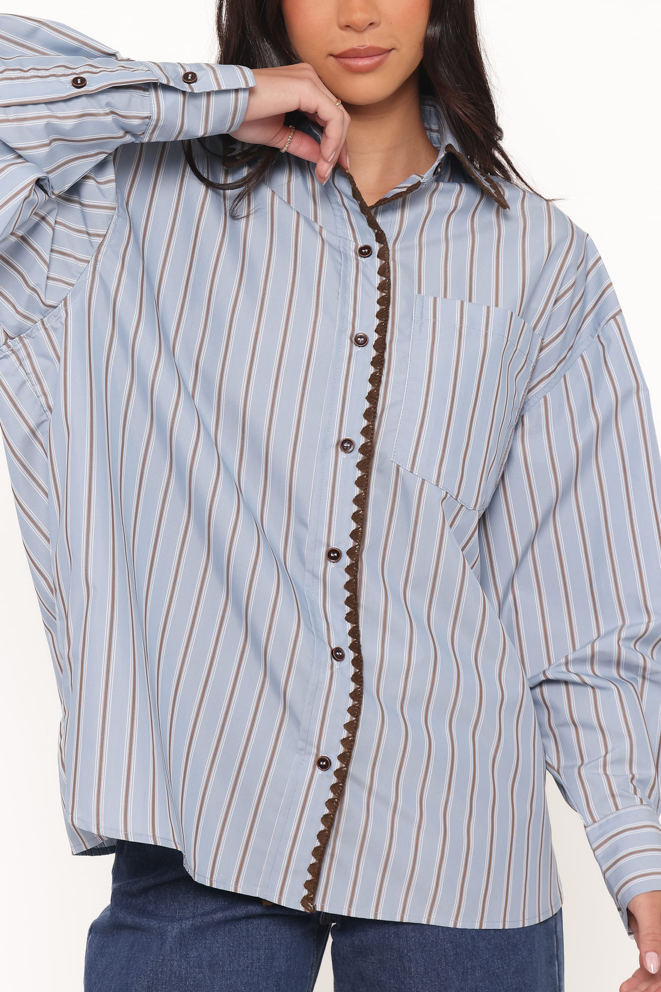 Petal and Pup USA TOPS Mila Button Up Shirt - Blue/Brown Stripe