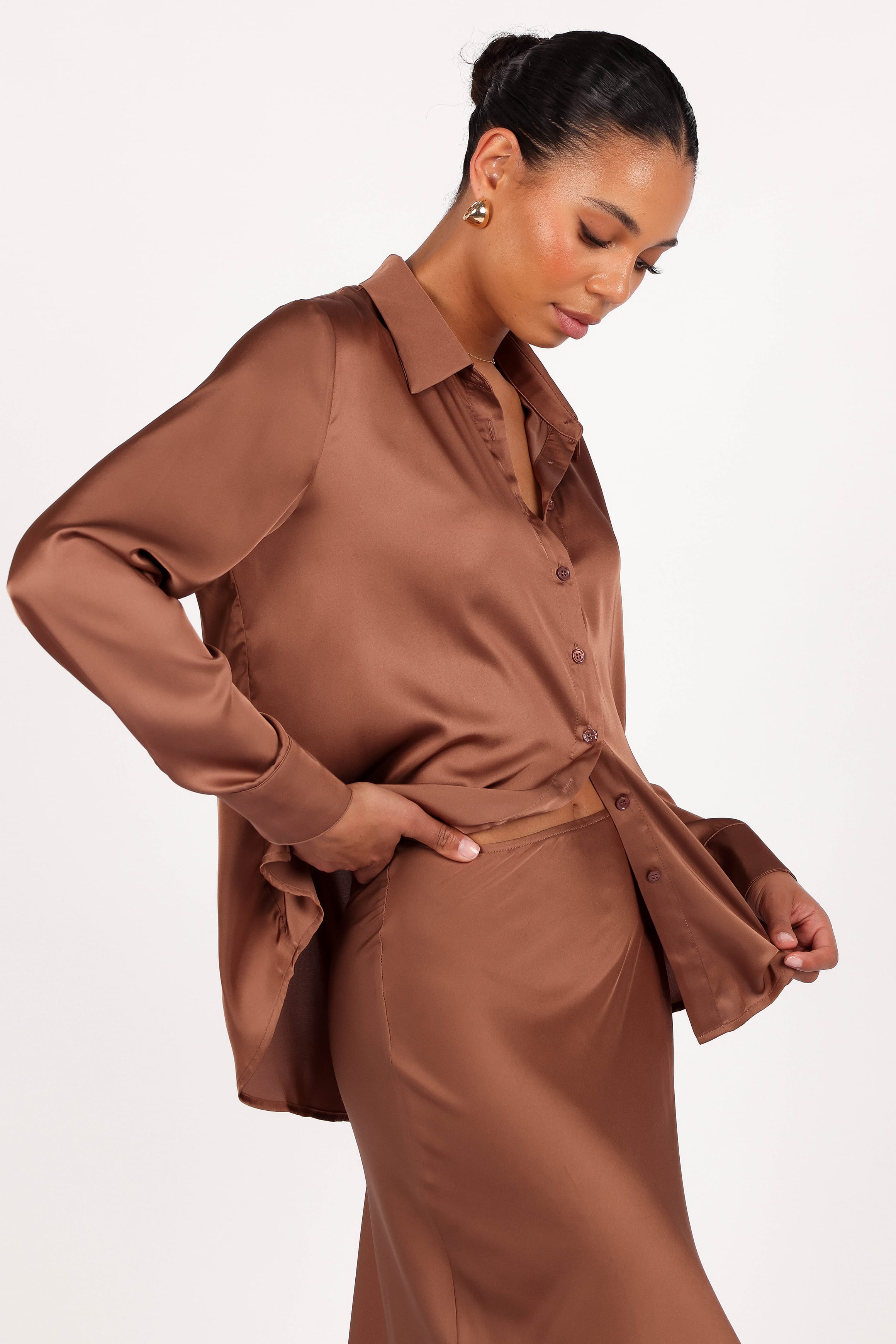 Petal and Pup USA TOPS Narissa Satin Shirt - Banksia Brown (Hold for Rack)