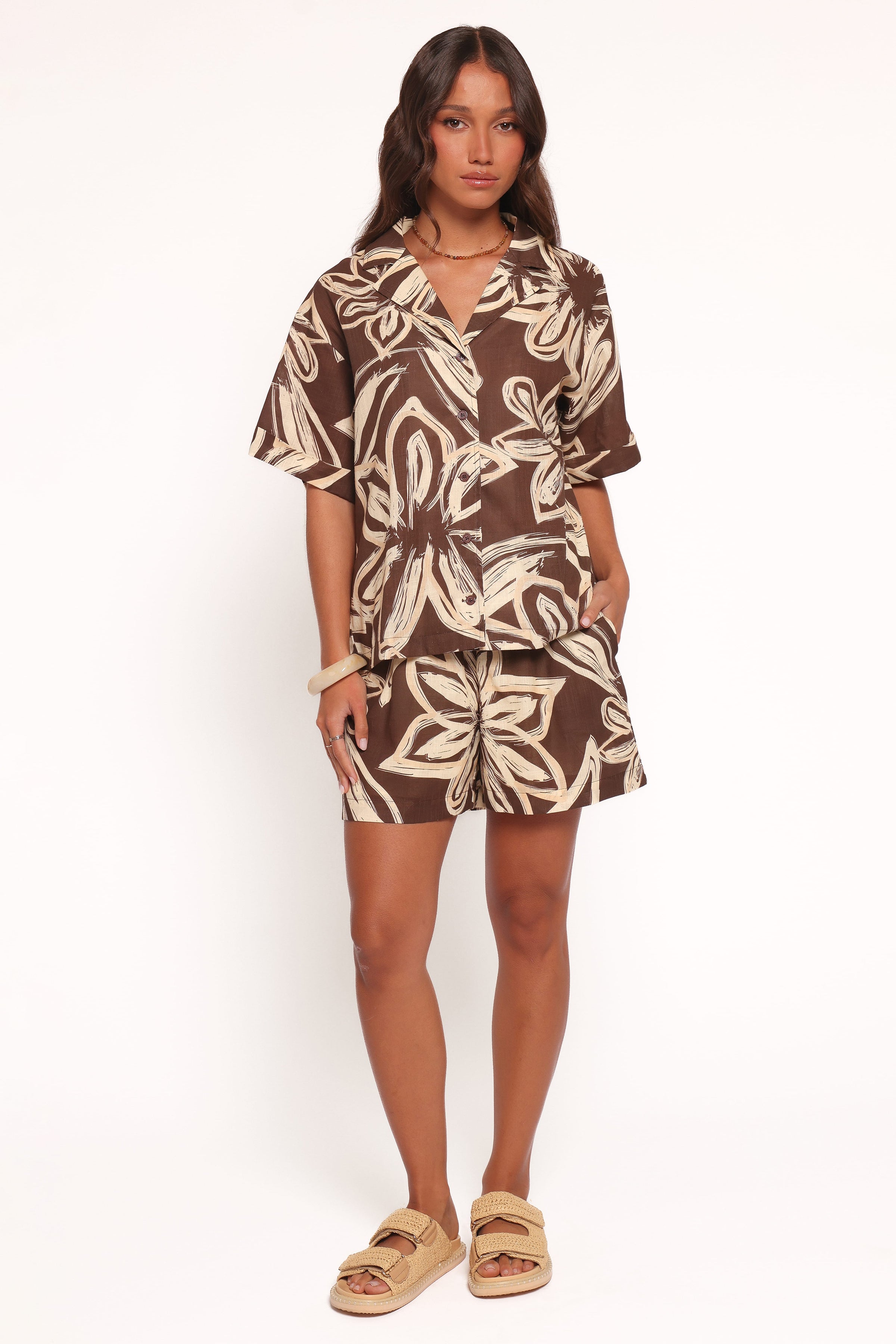 Petal and Pup USA TOPS Pacifica Button Up Shirt - Chocolate Floral (Hold for Amazon)