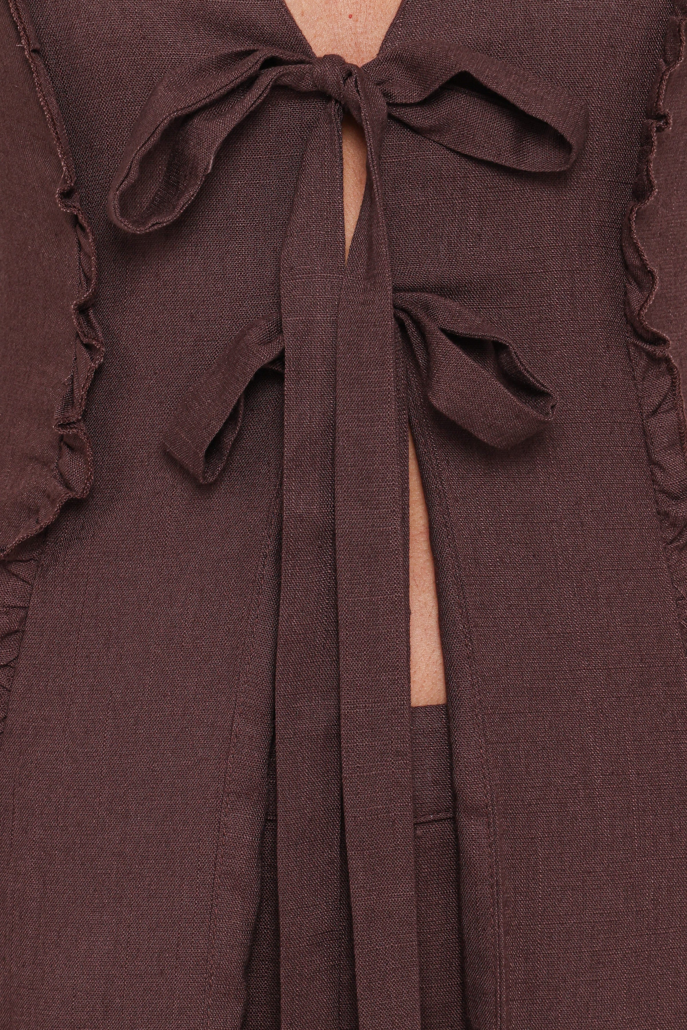 Petal and Pup USA TOPS Sasha Frill Tie Front Top - Dark Brown