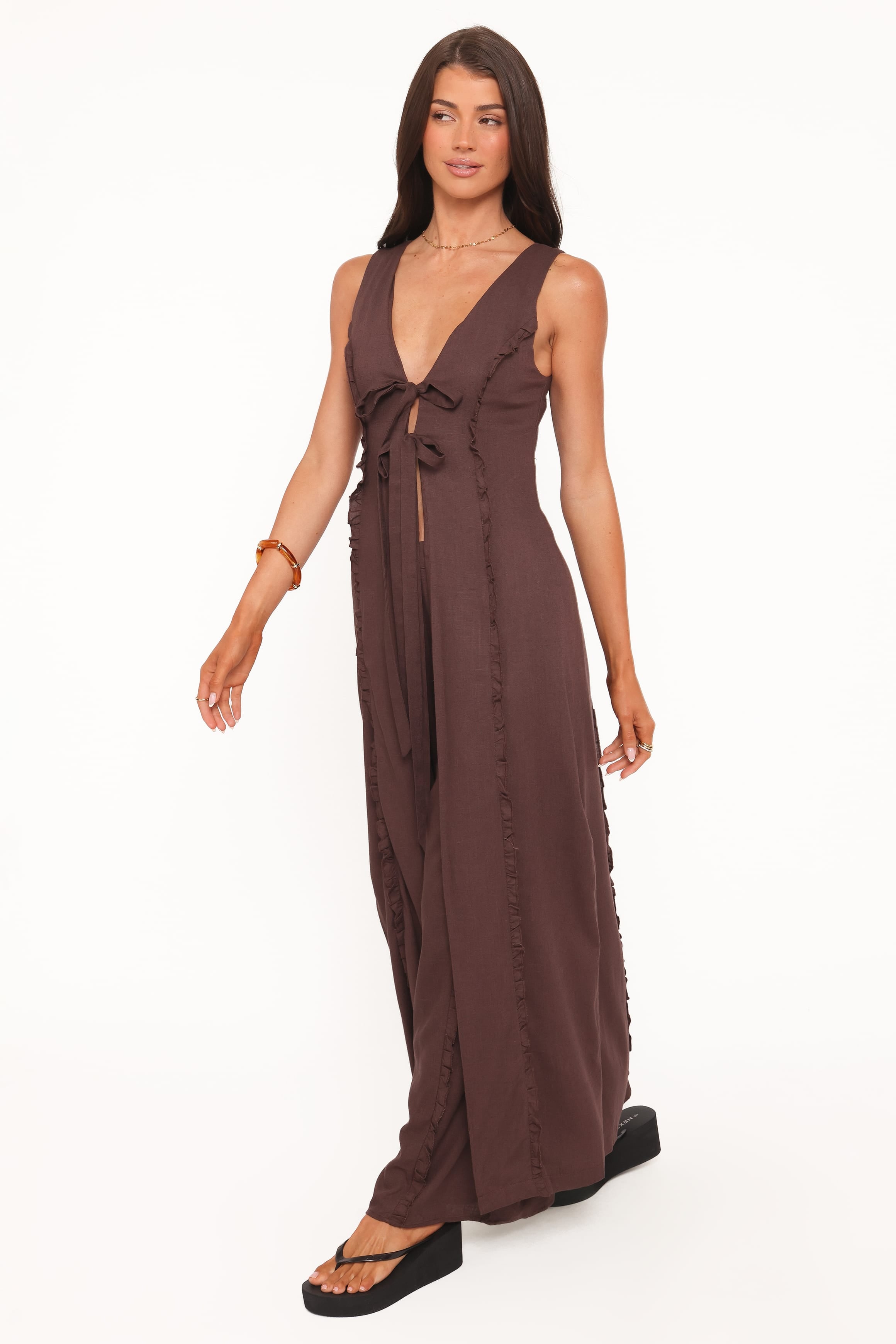 Petal and Pup USA TOPS Sasha Frill Tie Front Top - Dark Brown