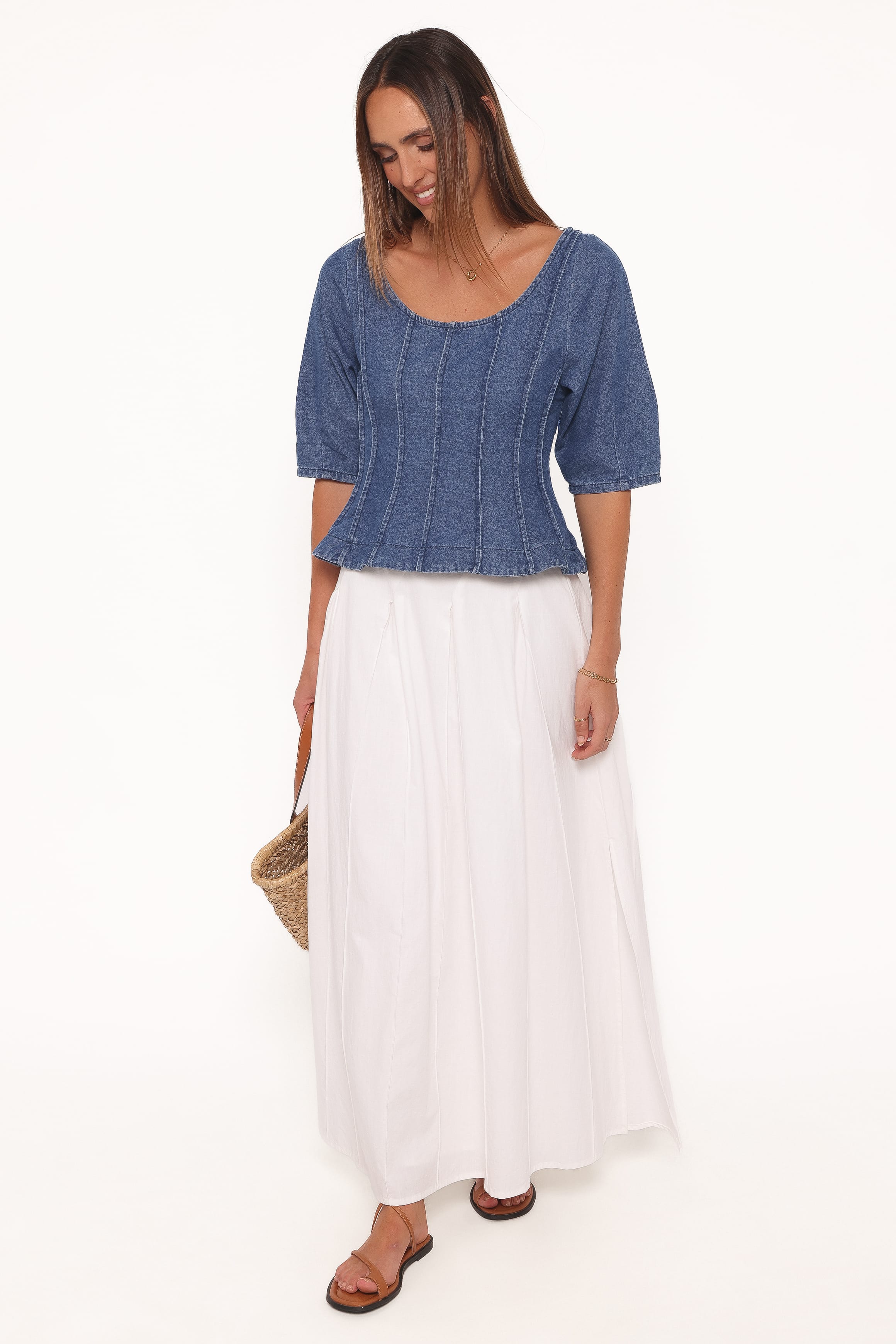 Petal and Pup USA TOPS Saylor Denim Peplum Top - Blue Medium Wash