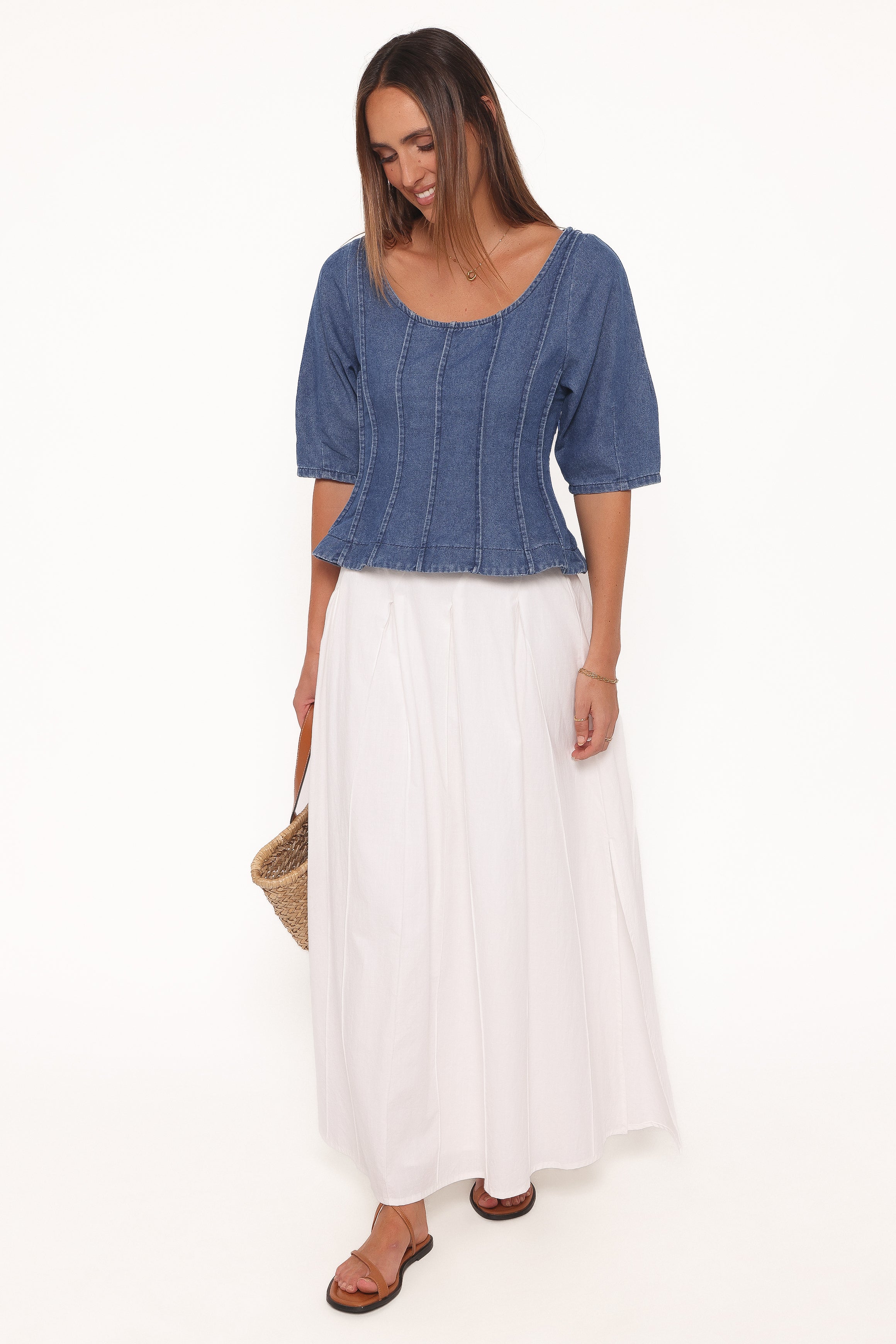 Petal and Pup USA TOPS Saylor Denim Peplum Top - Blue Medium Wash