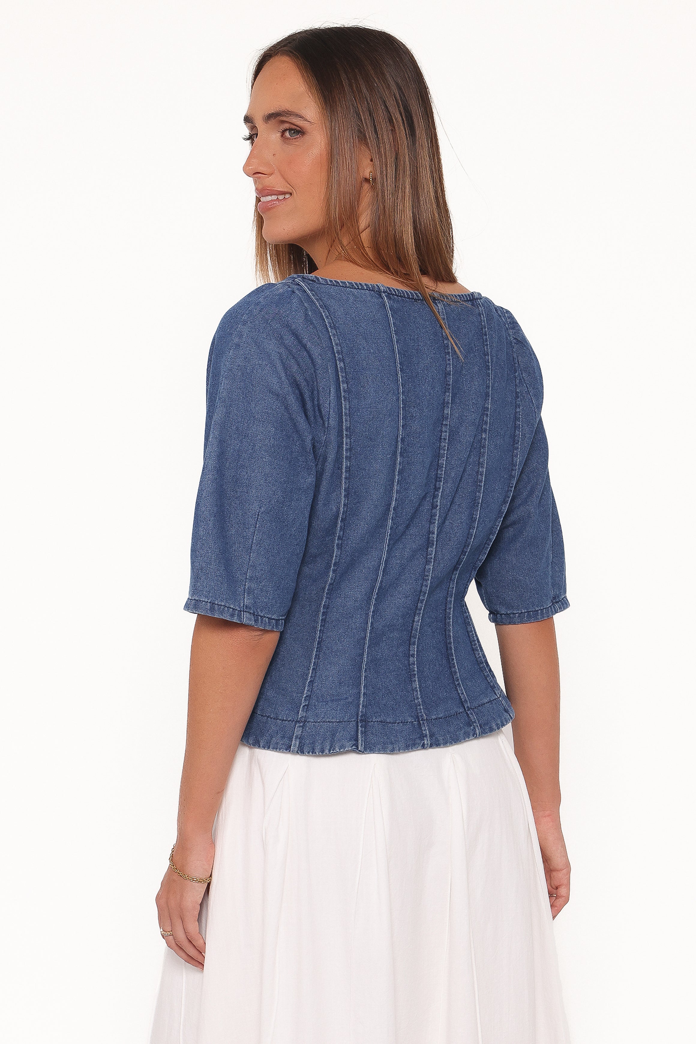 Petal and Pup USA TOPS Saylor Denim Peplum Top - Blue Medium Wash