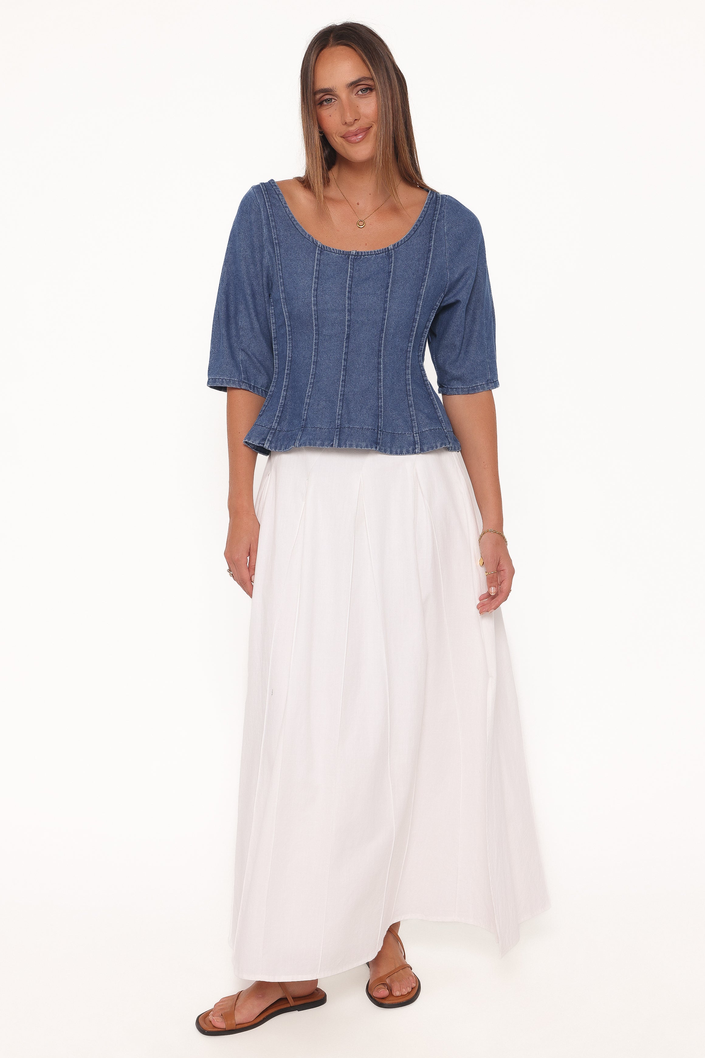 Petal and Pup USA TOPS Saylor Denim Peplum Top - Blue Medium Wash