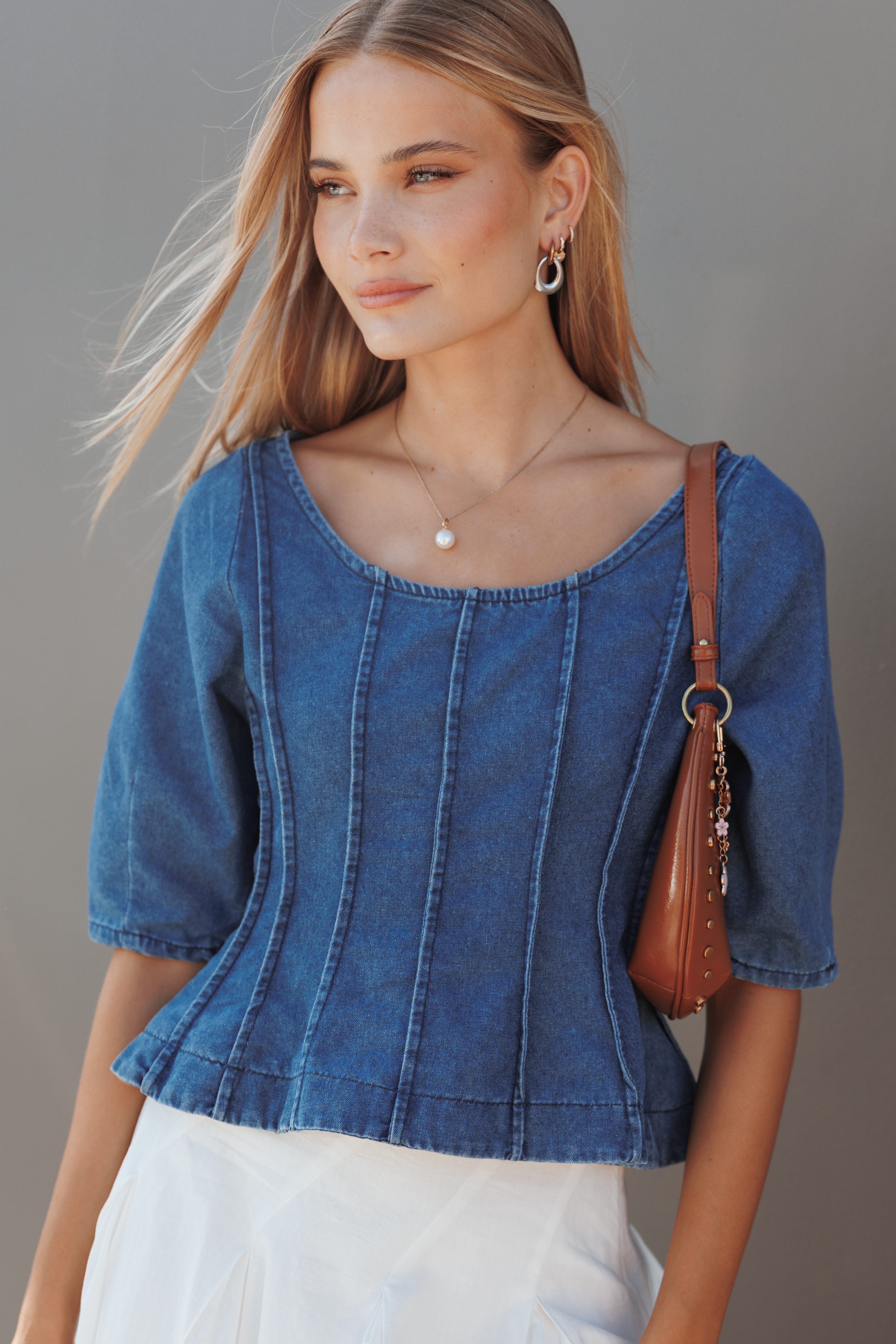 Petal and Pup USA TOPS Saylor Denim Peplum Top - Blue Medium Wash