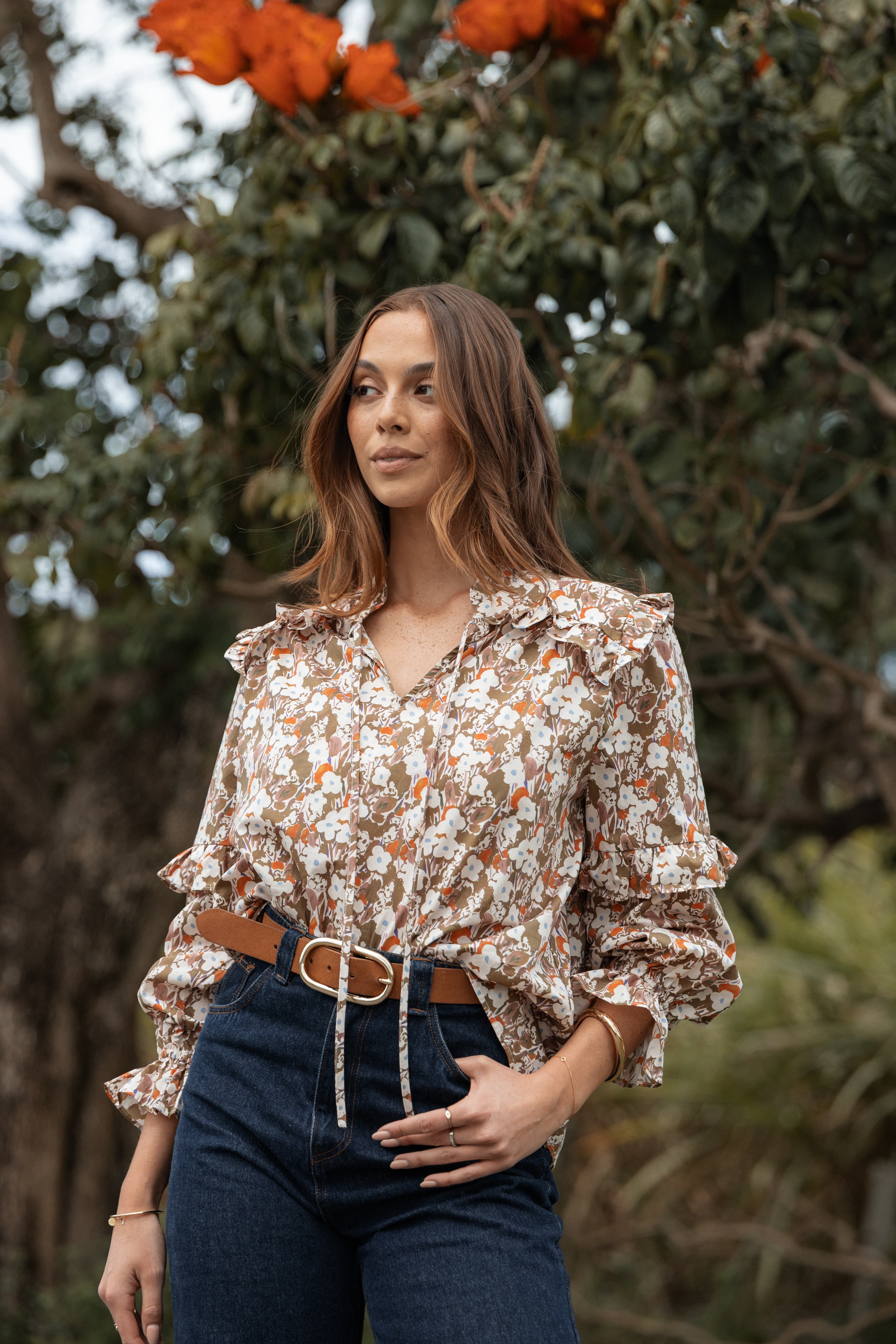 Selmah Long Sleeve Top - Cream Olive Orange | Petal & Pup USA