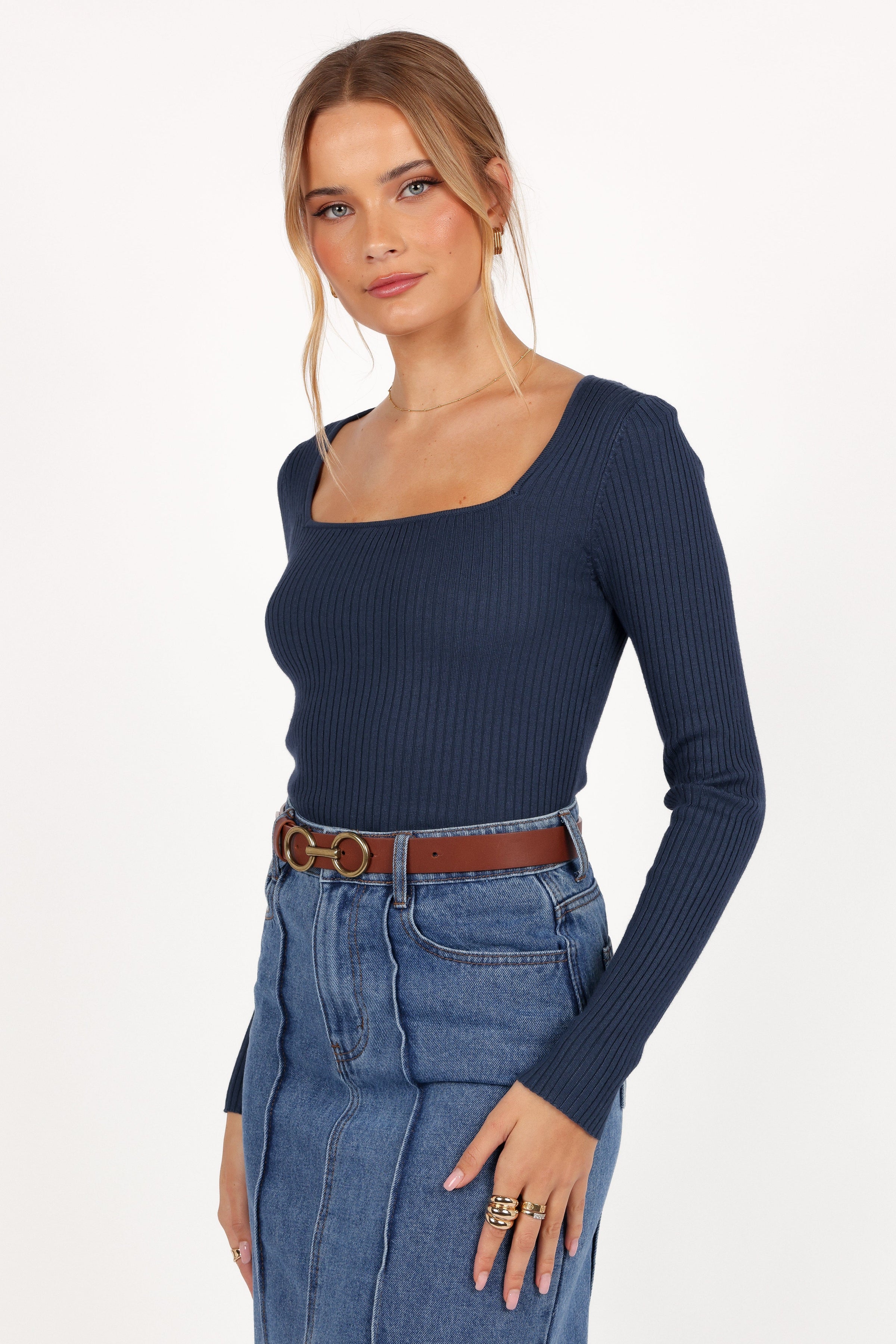 Petal and Pup USA TOPS Shani Ribbed Knit Top - Dusty Blue