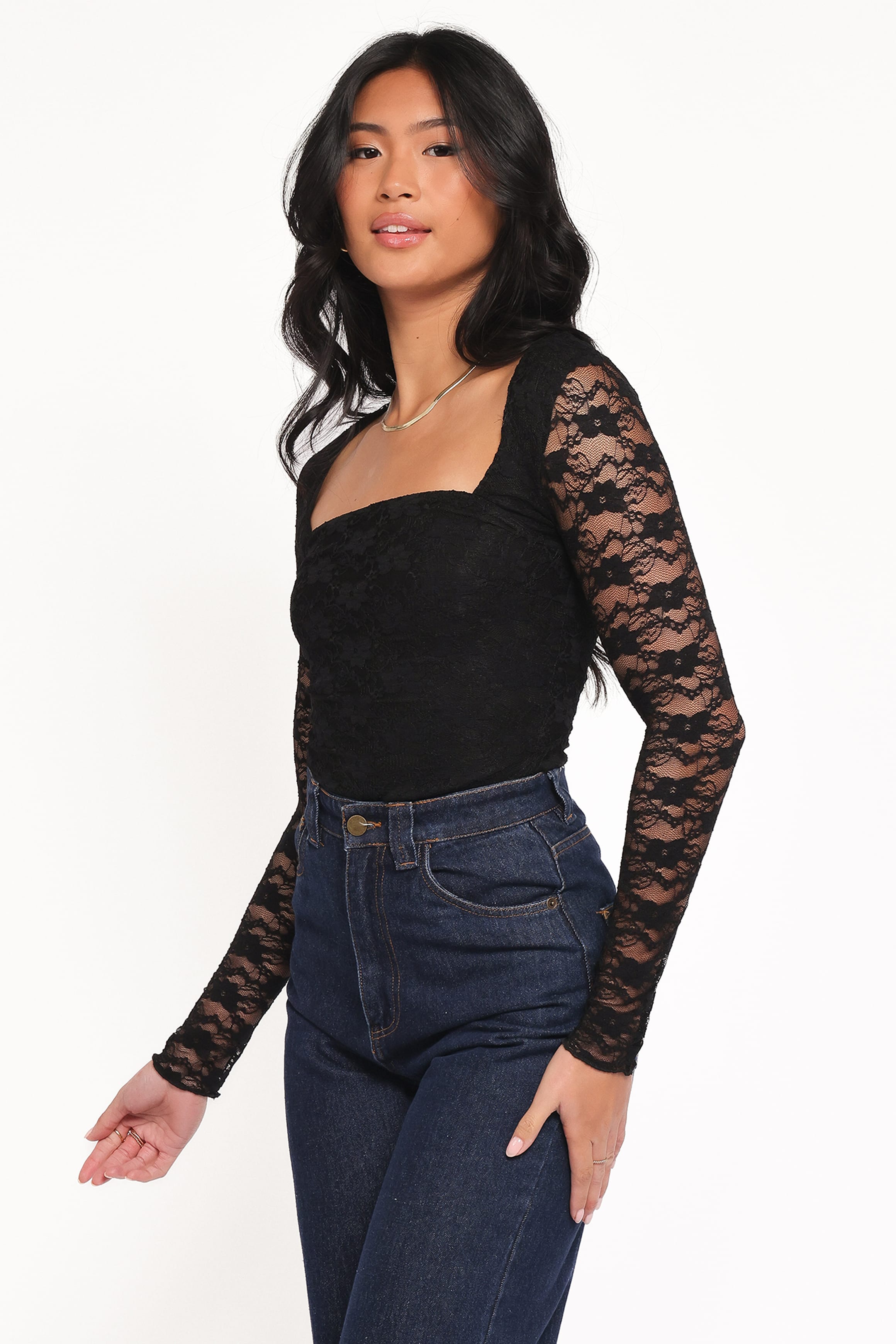 Petal and Pup USA TOPS Skyler Square Neck Stretch Lace Top - Black