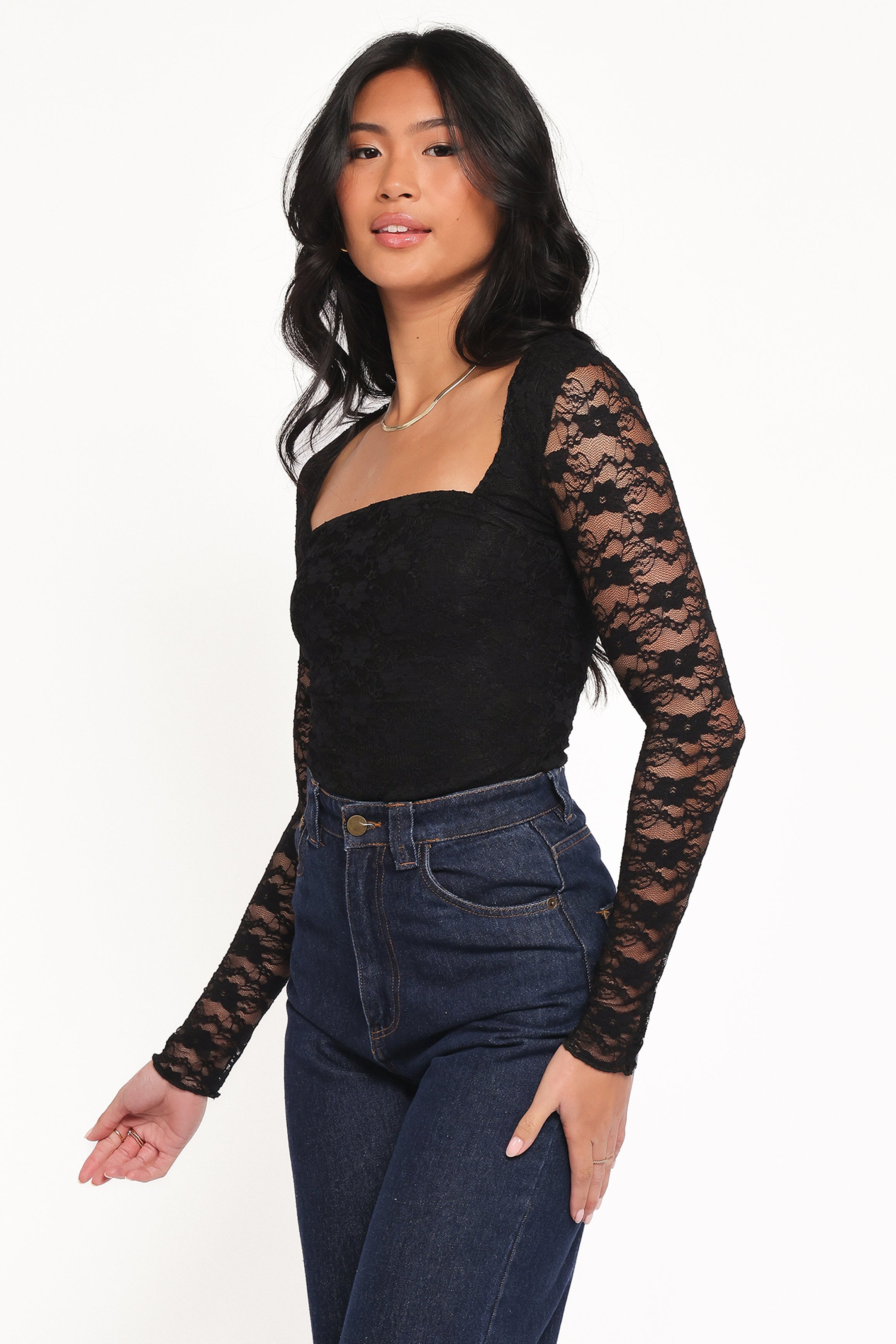 Petal and Pup USA TOPS Skyler Square Neck Stretch Lace Top - Black