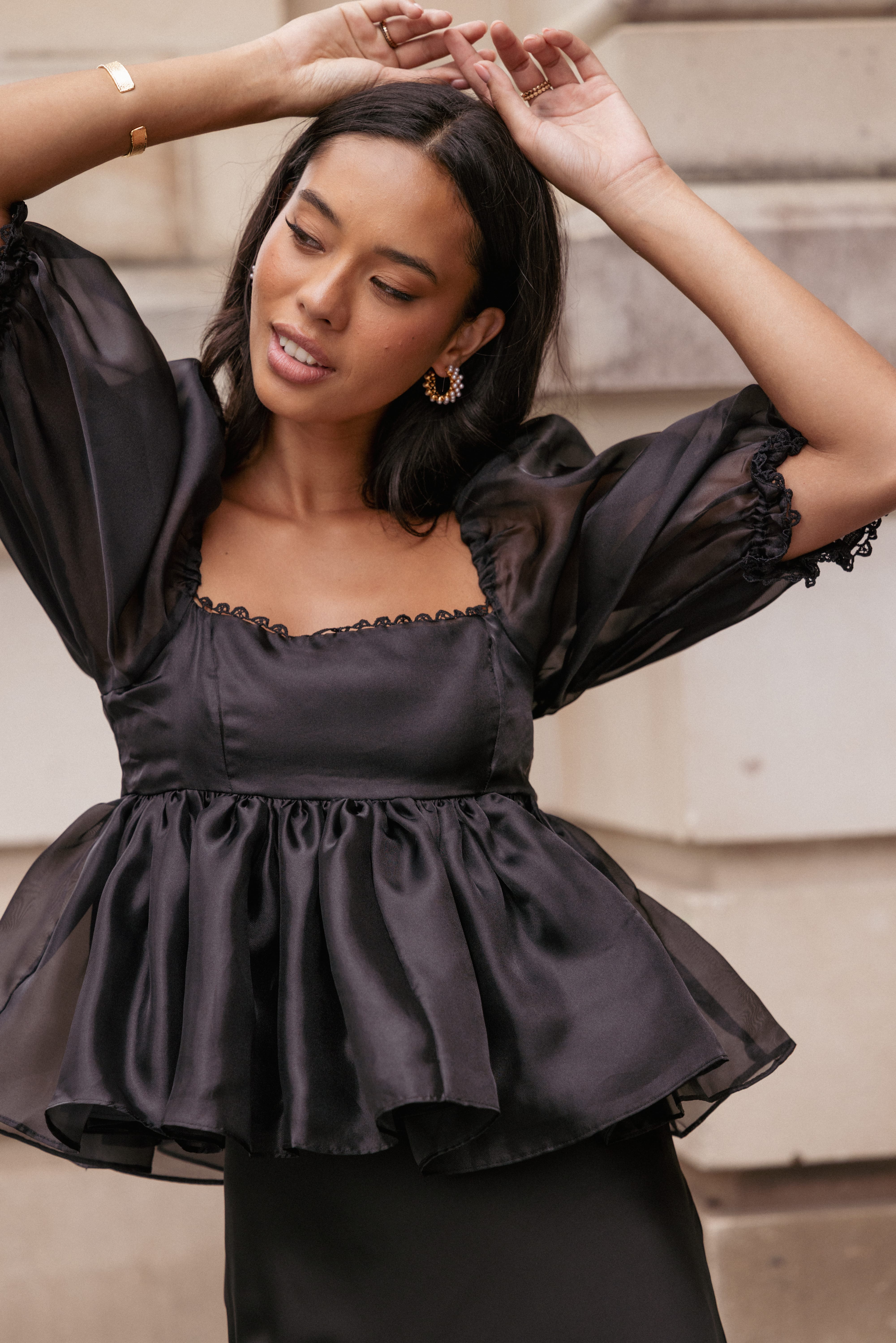 Petal and Pup USA TOPS Solenne Puff Sleeve Peplum Organza Top - Black