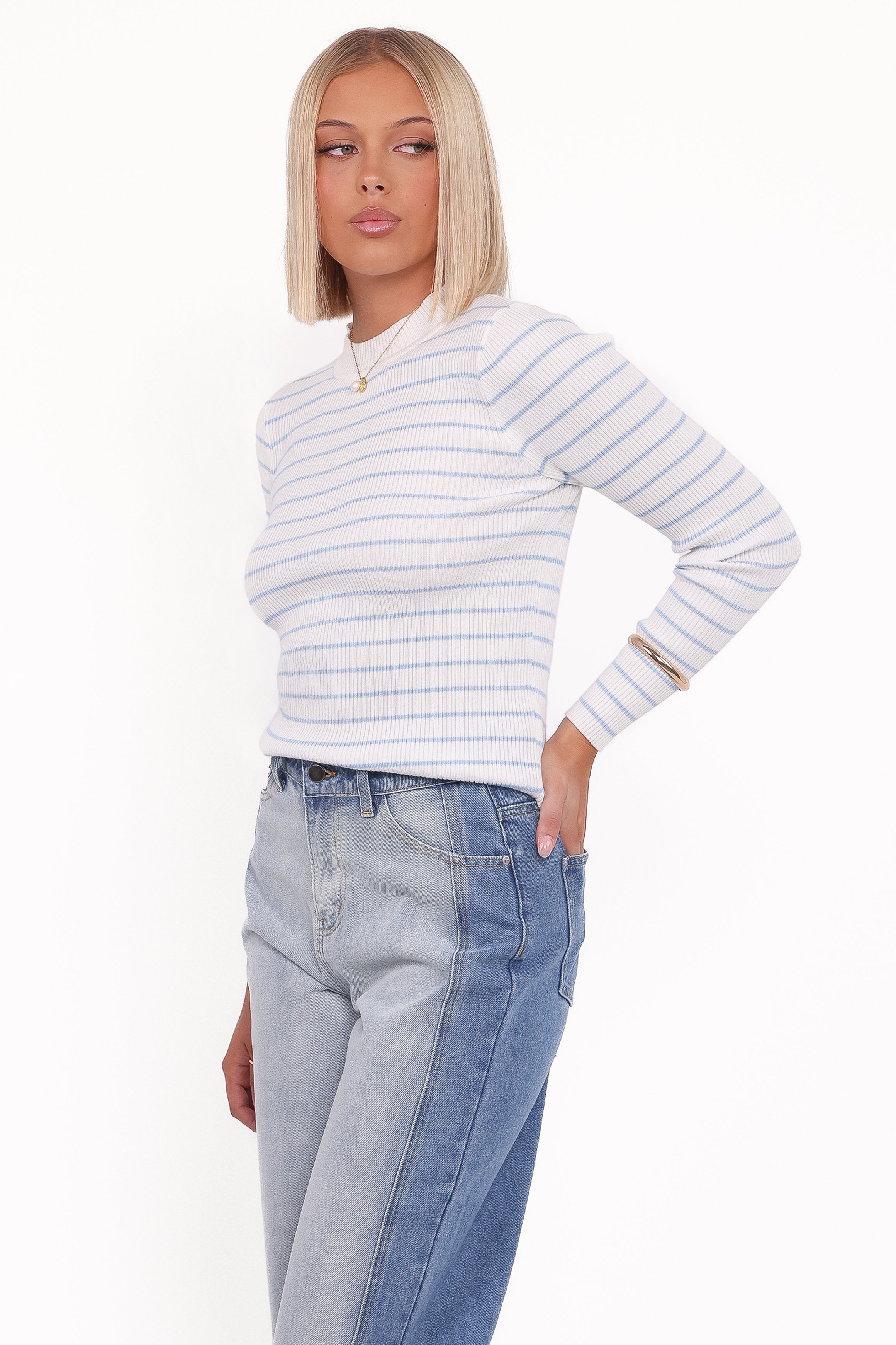 Petal and Pup USA TOPS Stacie Ribbed Knit Top - Light Blue Stripe