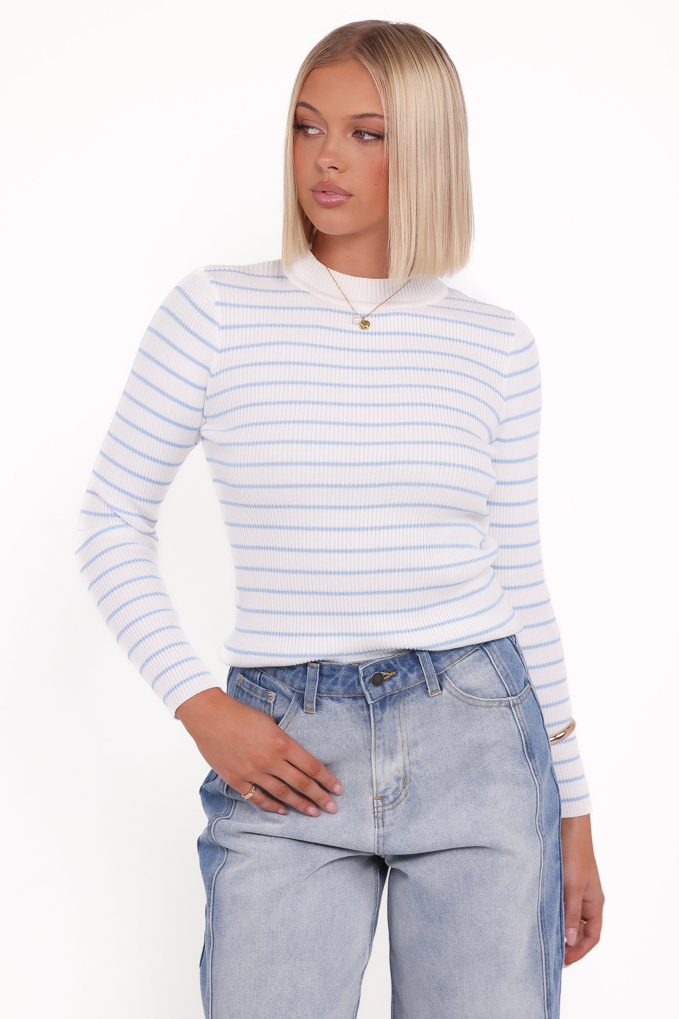 Petal and Pup USA TOPS Stacie Ribbed Knit Top - Light Blue Stripe