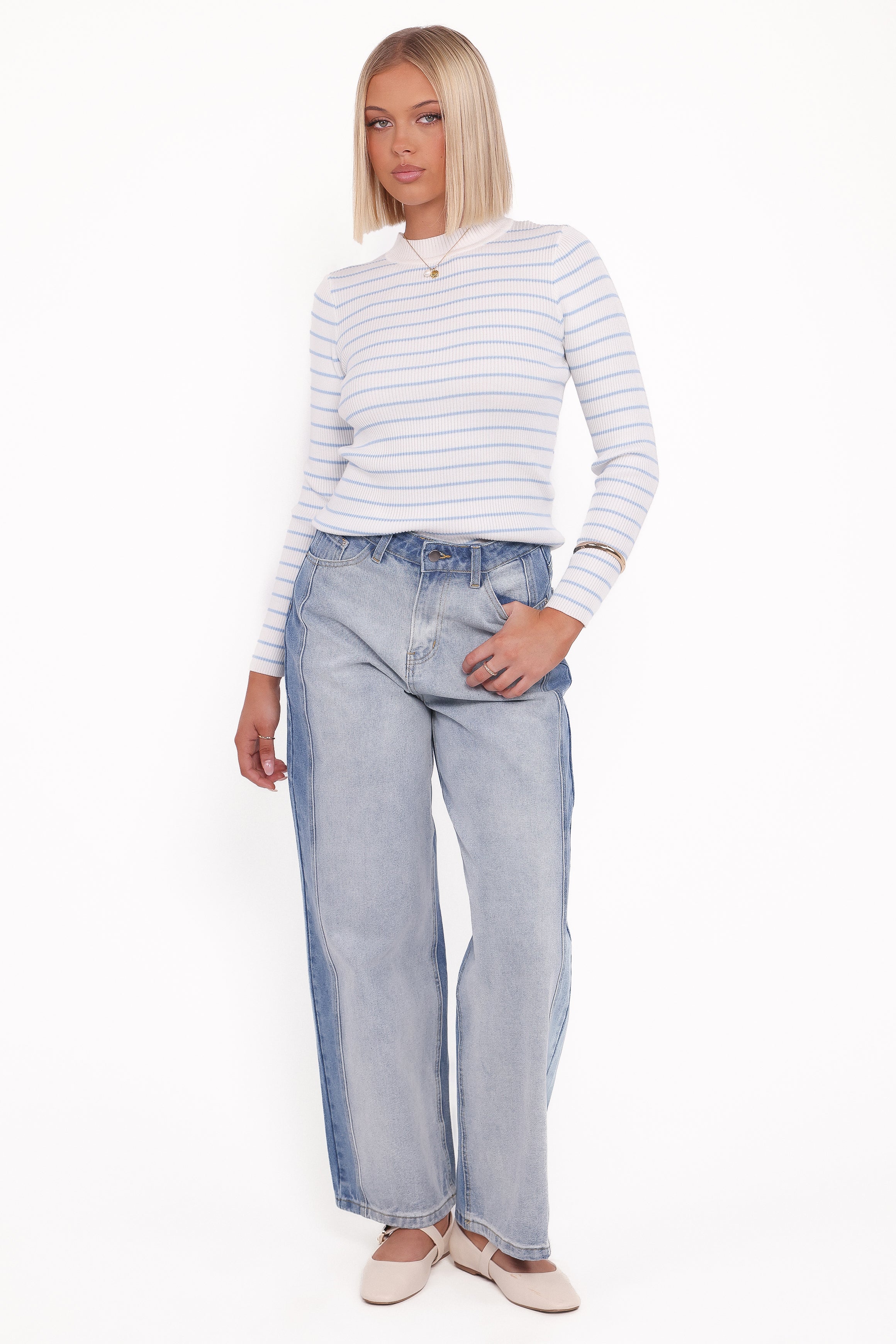 Petal and Pup USA TOPS Stacie Ribbed Knit Top - Light Blue Stripe