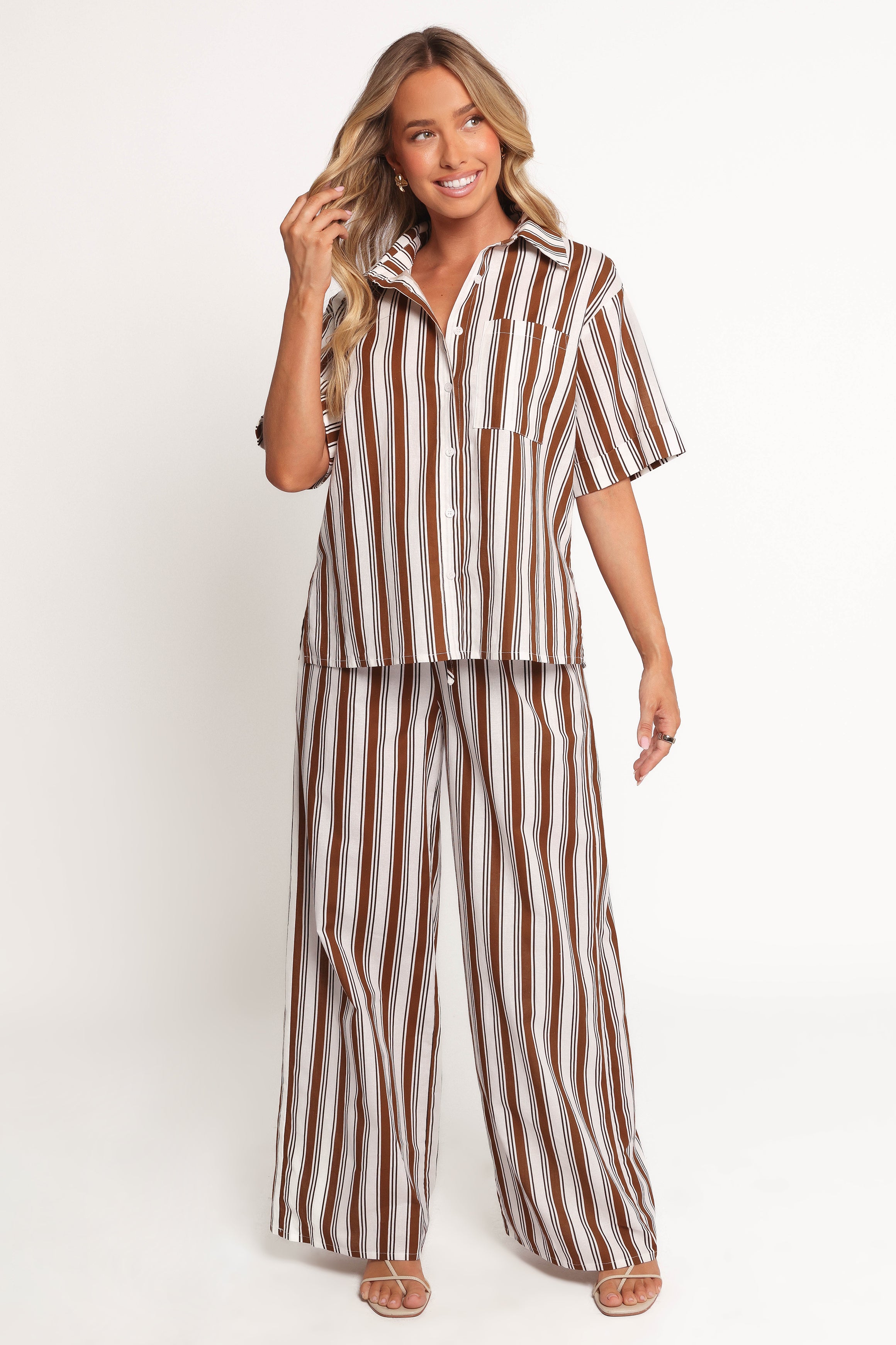 Petal and Pup USA TOPS Thalia Short Sleeve Shirt - Chocolate Stripe (Hold for Amazon)