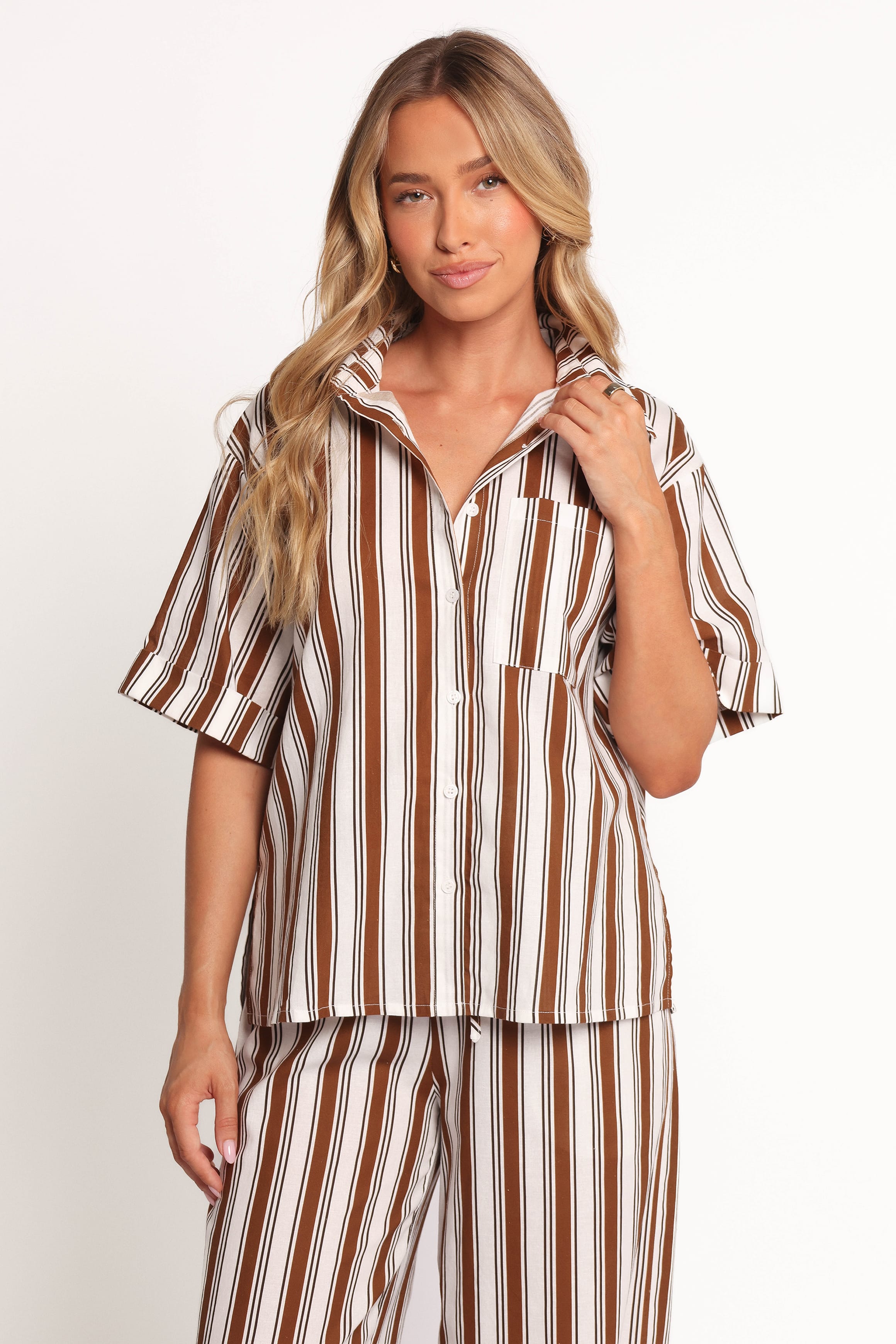 Petal and Pup USA TOPS Thalia Short Sleeve Shirt - Chocolate Stripe (Hold for Amazon)