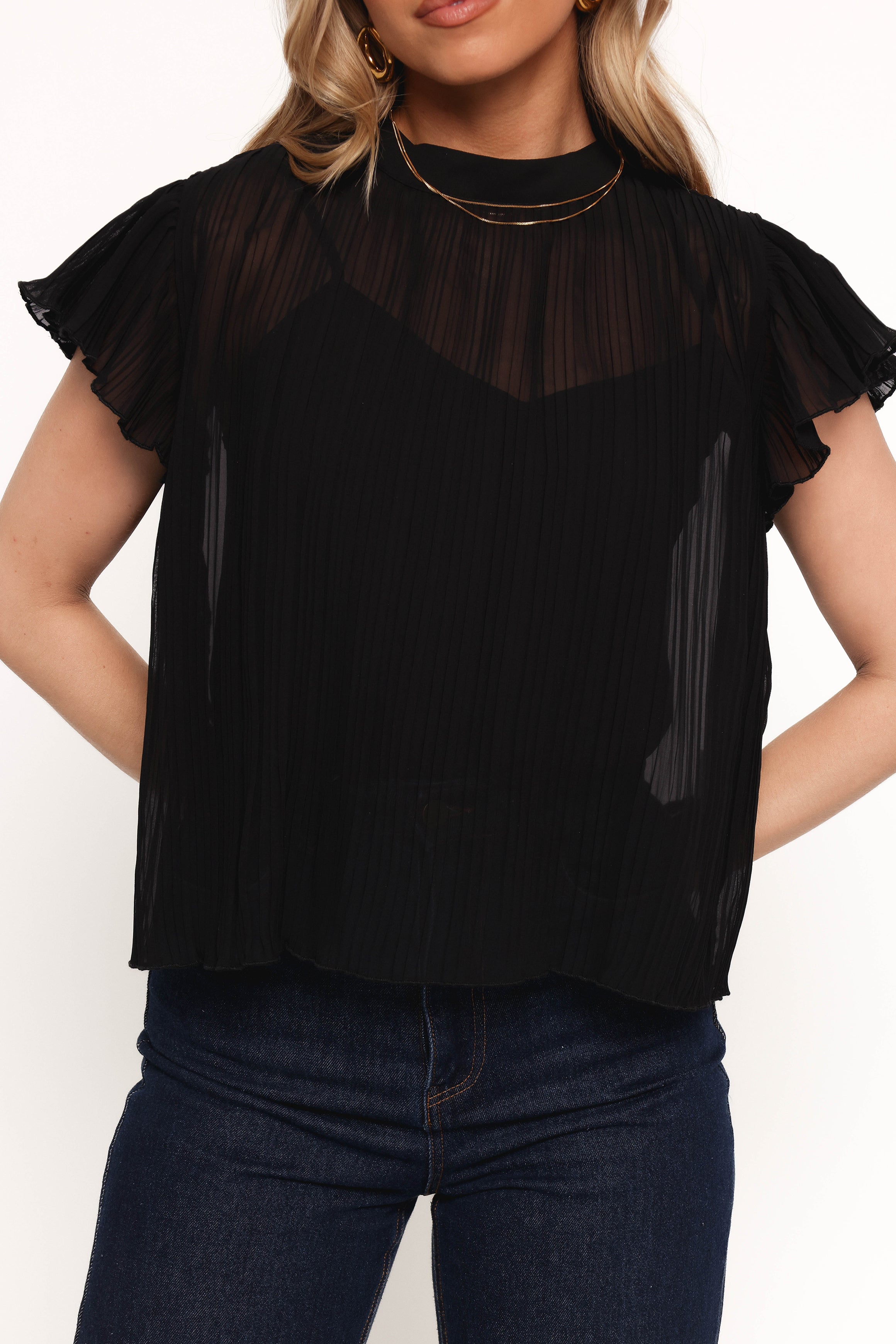 Petal and Pup USA TOPS Topia Pleated Flutter Sleeve Top - Black