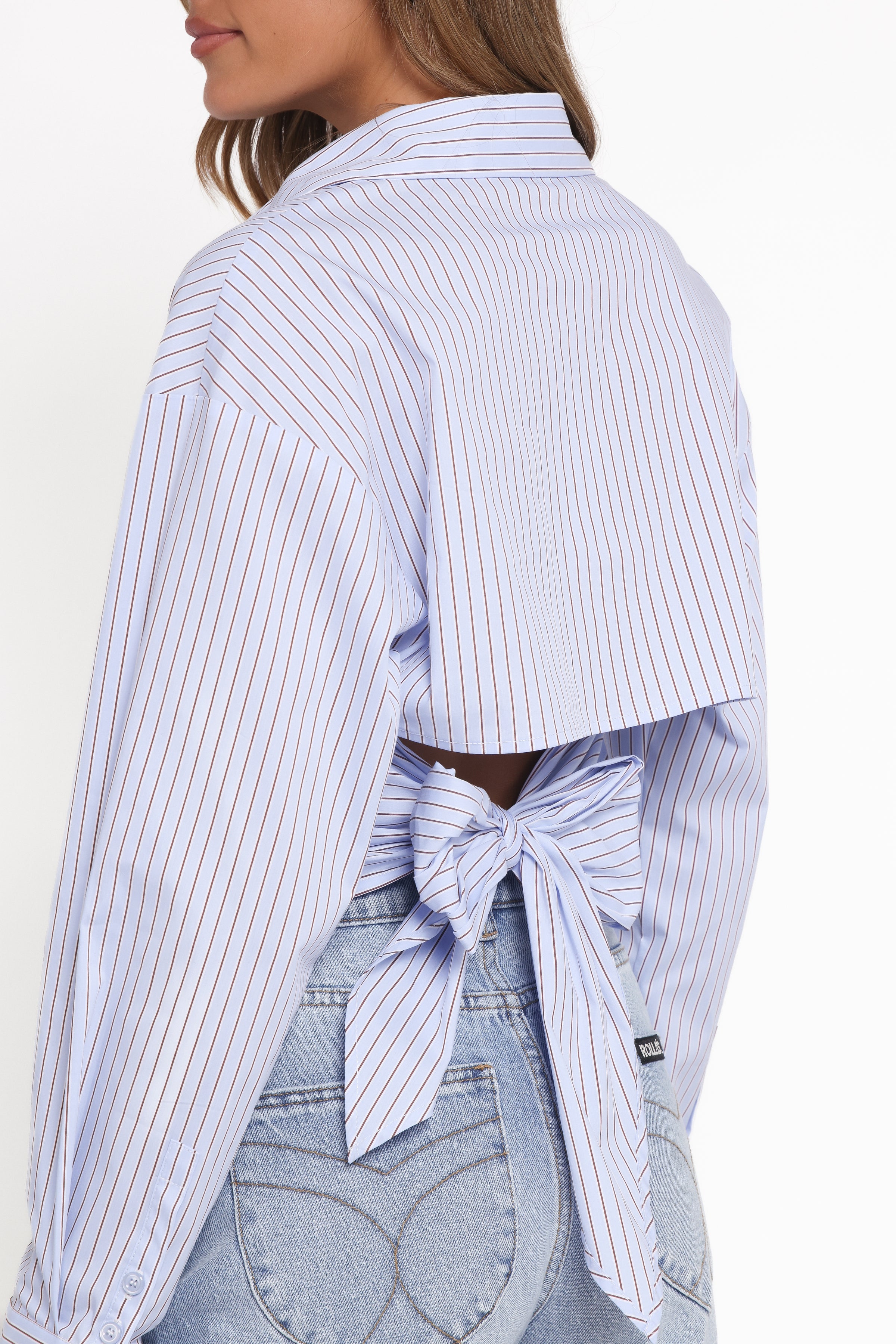 Petal and Pup USA TOPS Vienne Tie Back Button Up Shirt - Blue/Brown Stripe