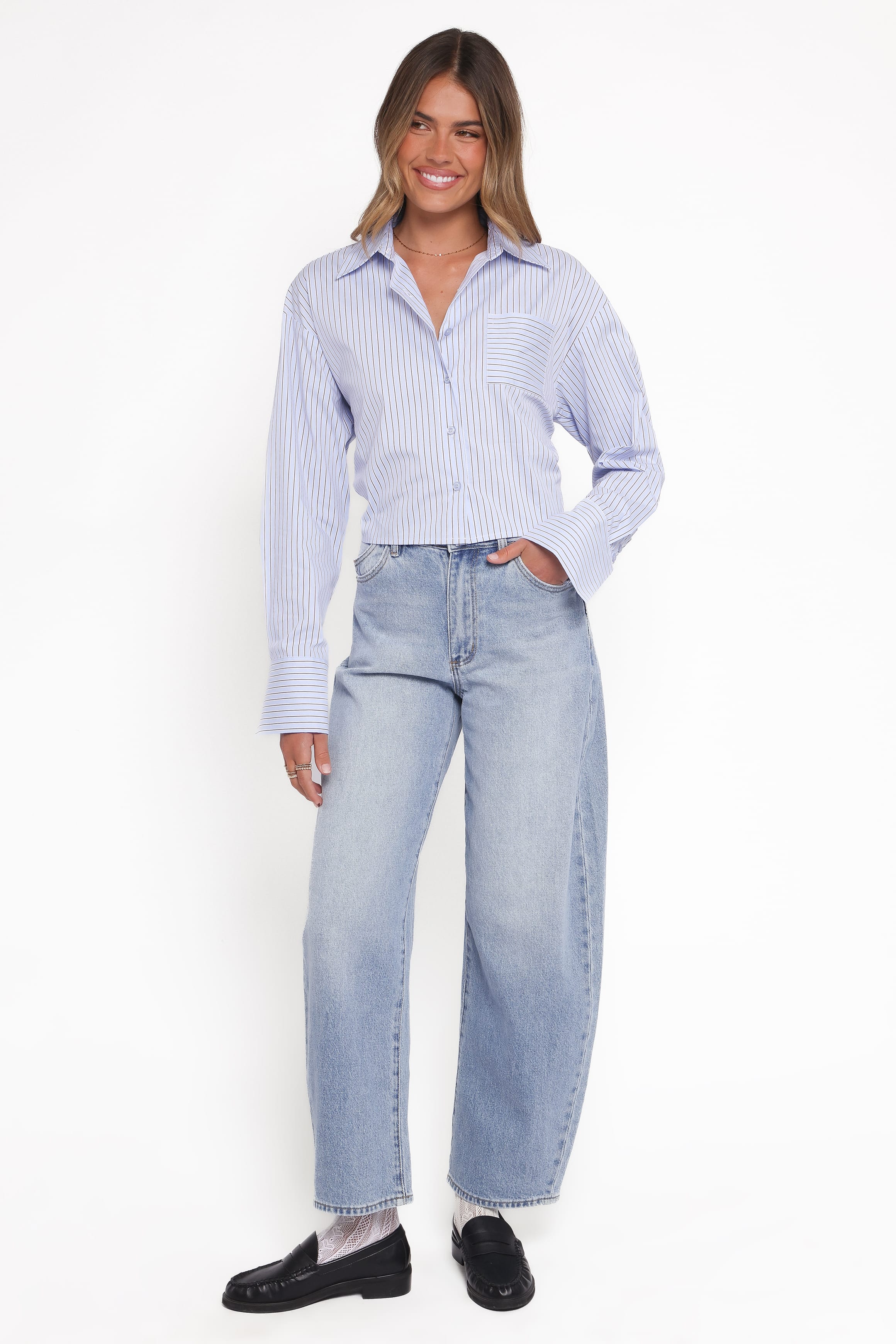 Petal and Pup USA TOPS Vienne Tie Back Button Up Shirt - Blue/Brown Stripe