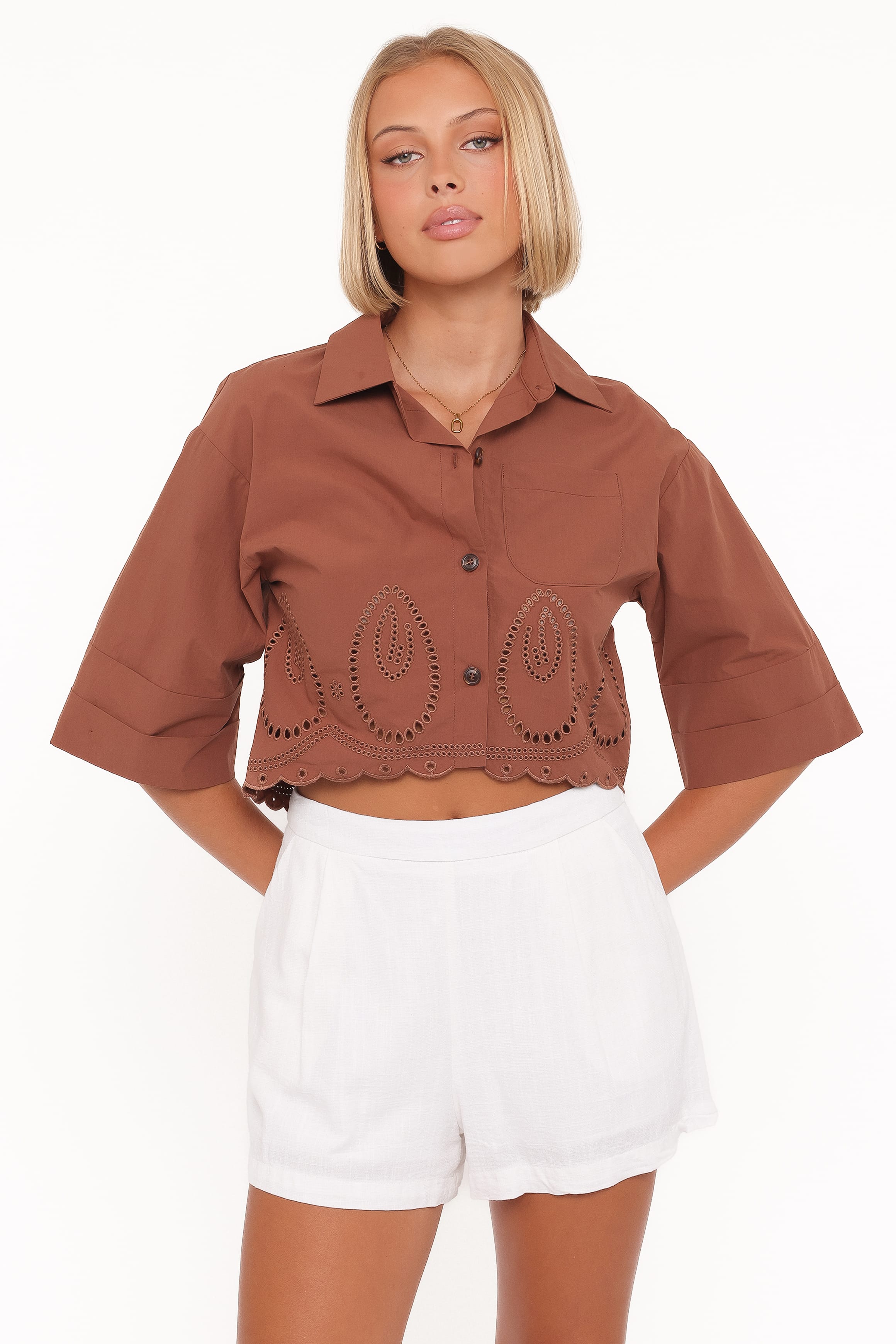Petal and Pup USA TOPS Williams Cropped Eyelet Button Up Shirt - Brown