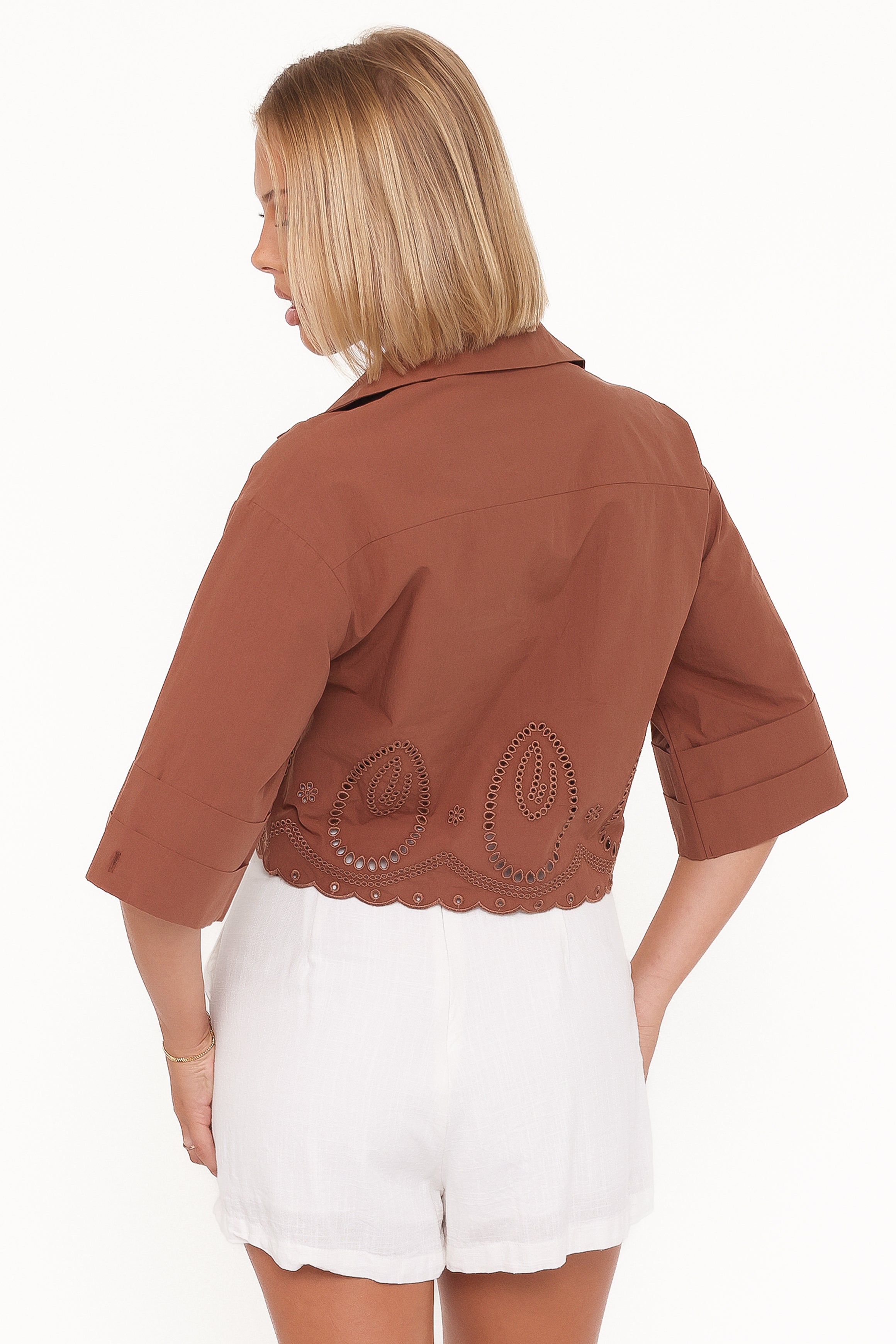 Petal and Pup USA TOPS Williams Cropped Eyelet Button Up Shirt - Brown
