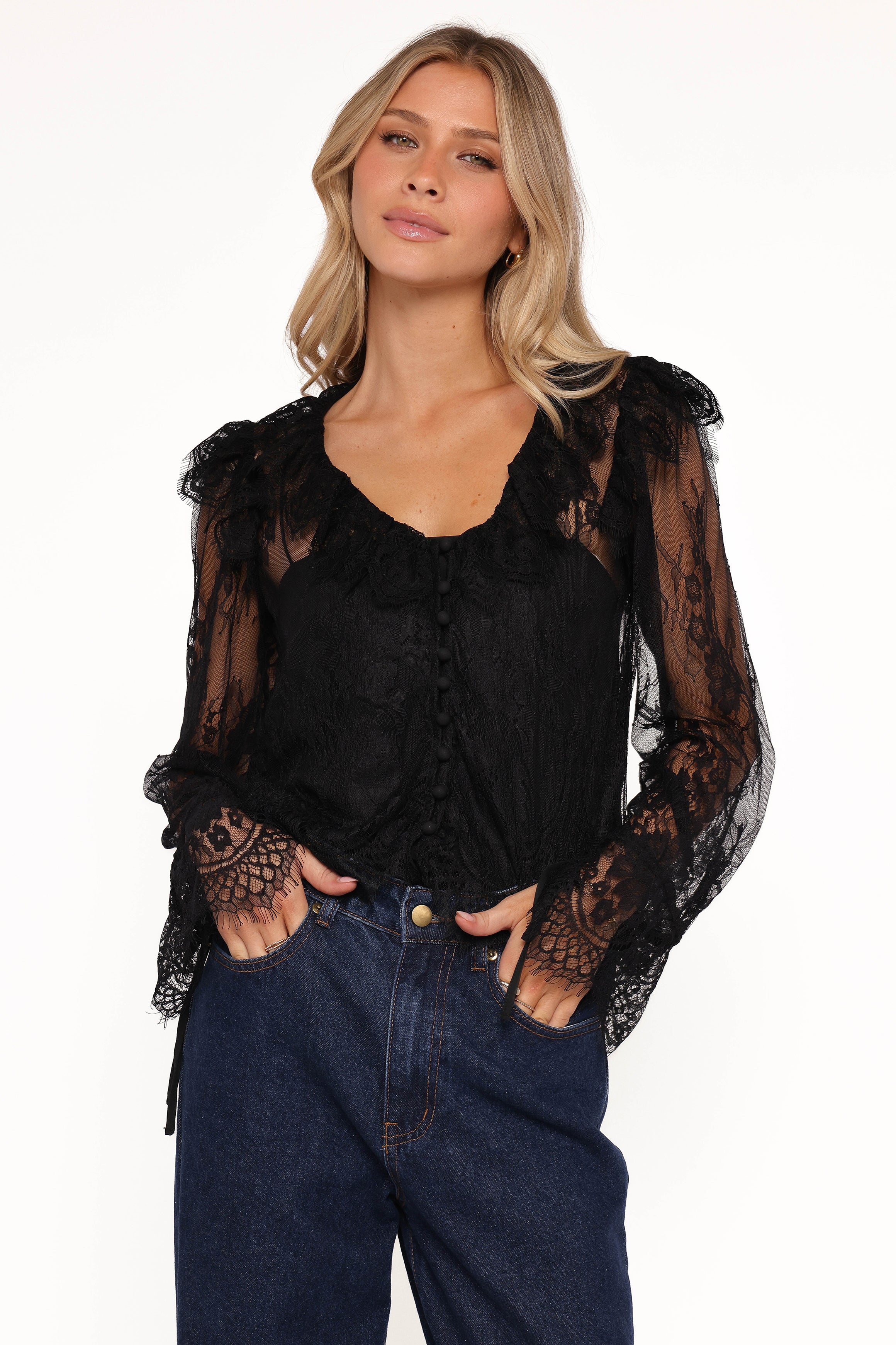 Petal and Pup USA TOPS Yeva Lace Button Up Blouse - Black