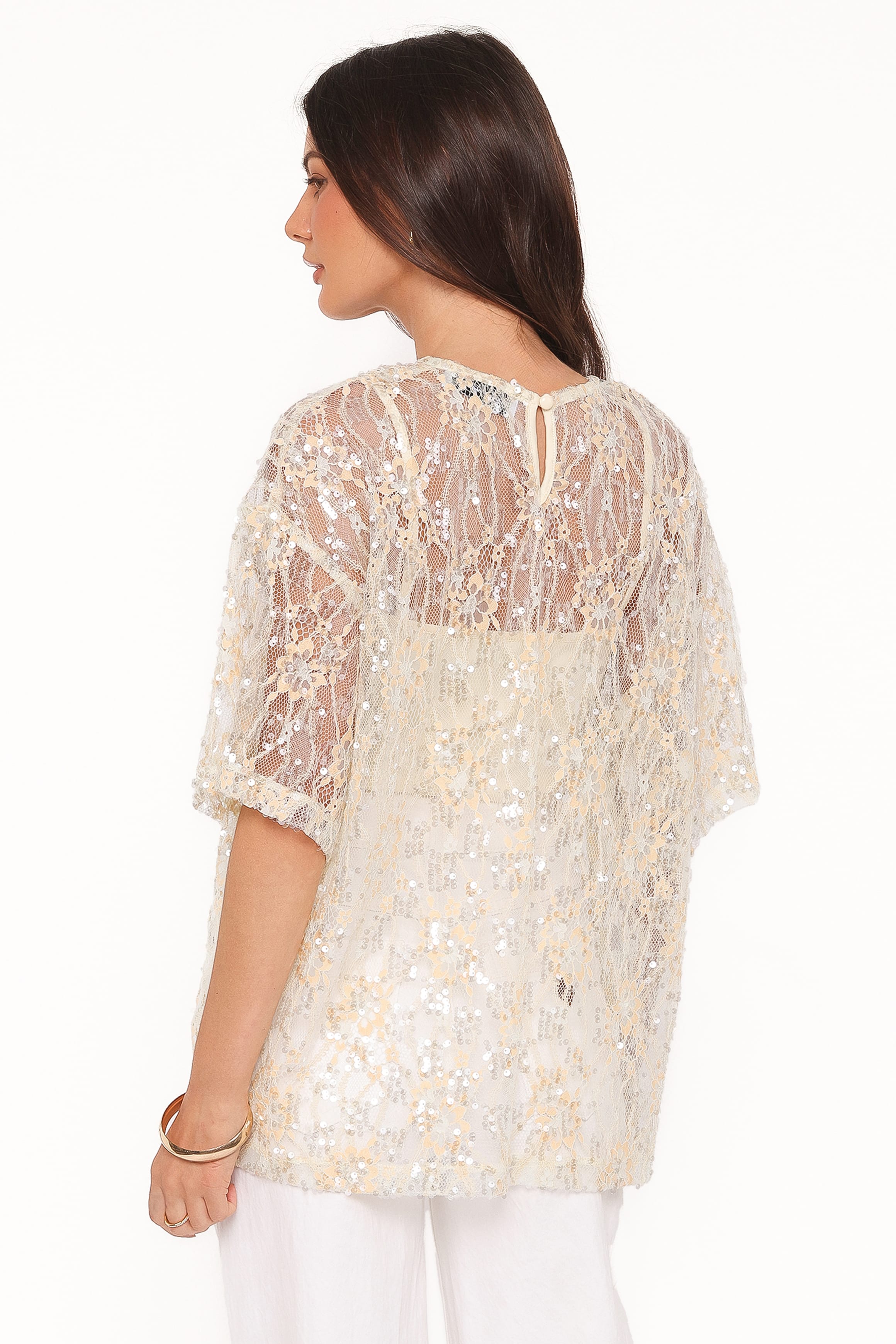 Petal and Pup USA TOPS Yonder Sheer Lace Tee Top - Pale Yellow