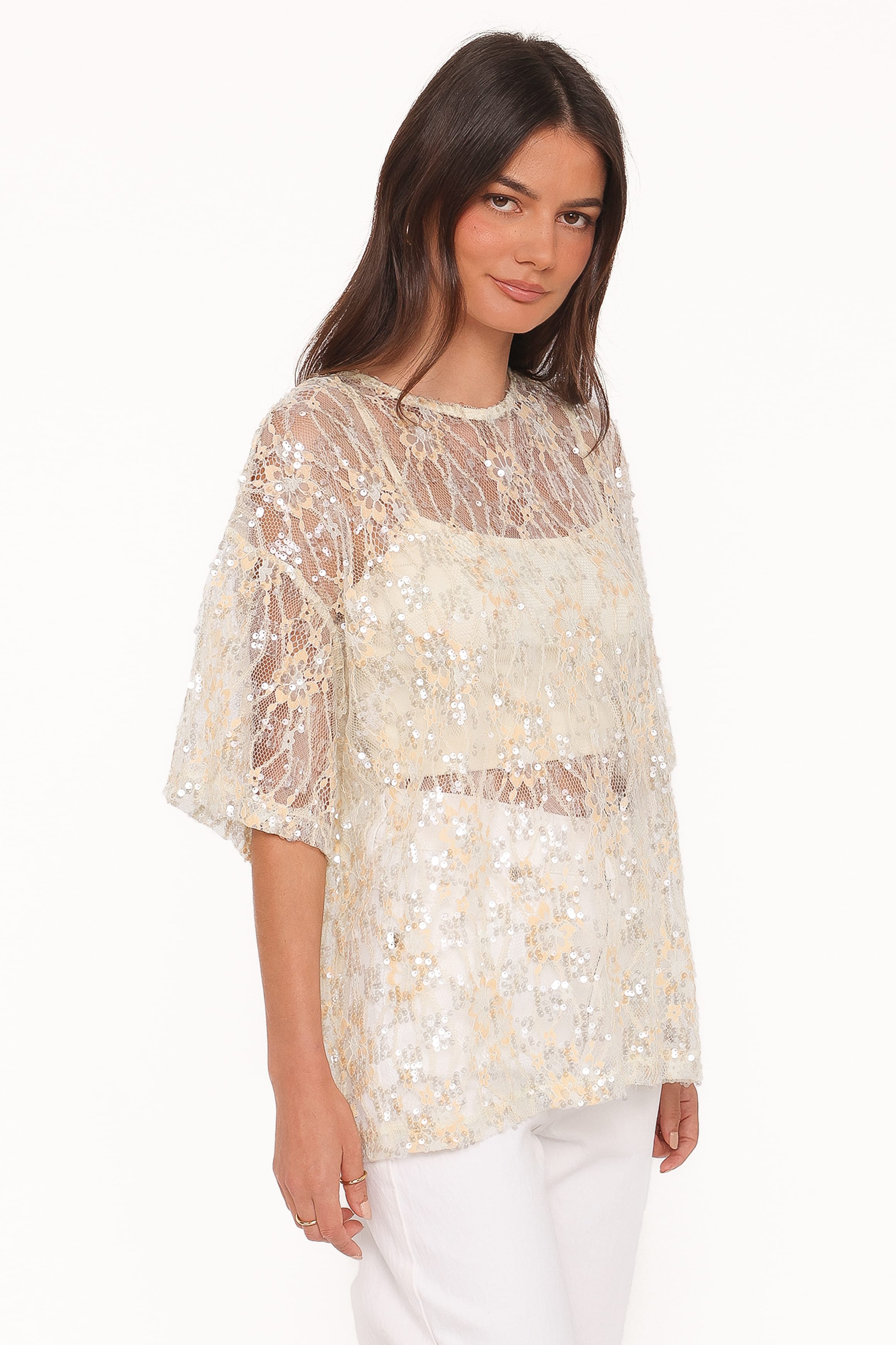 Petal and Pup USA TOPS Yonder Sheer Lace Tee Top - Pale Yellow