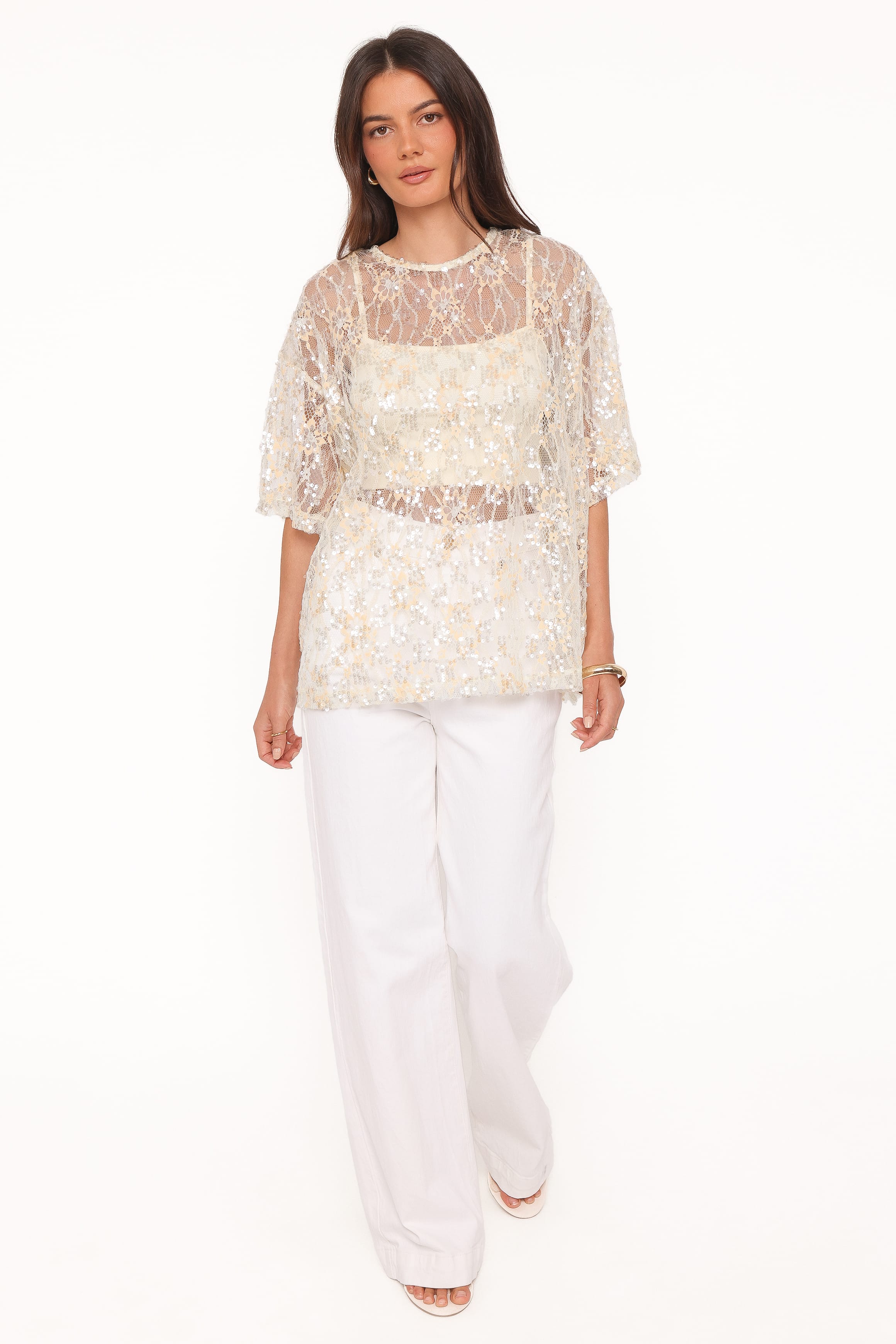 Petal and Pup USA TOPS Yonder Sheer Lace Tee Top - Pale Yellow
