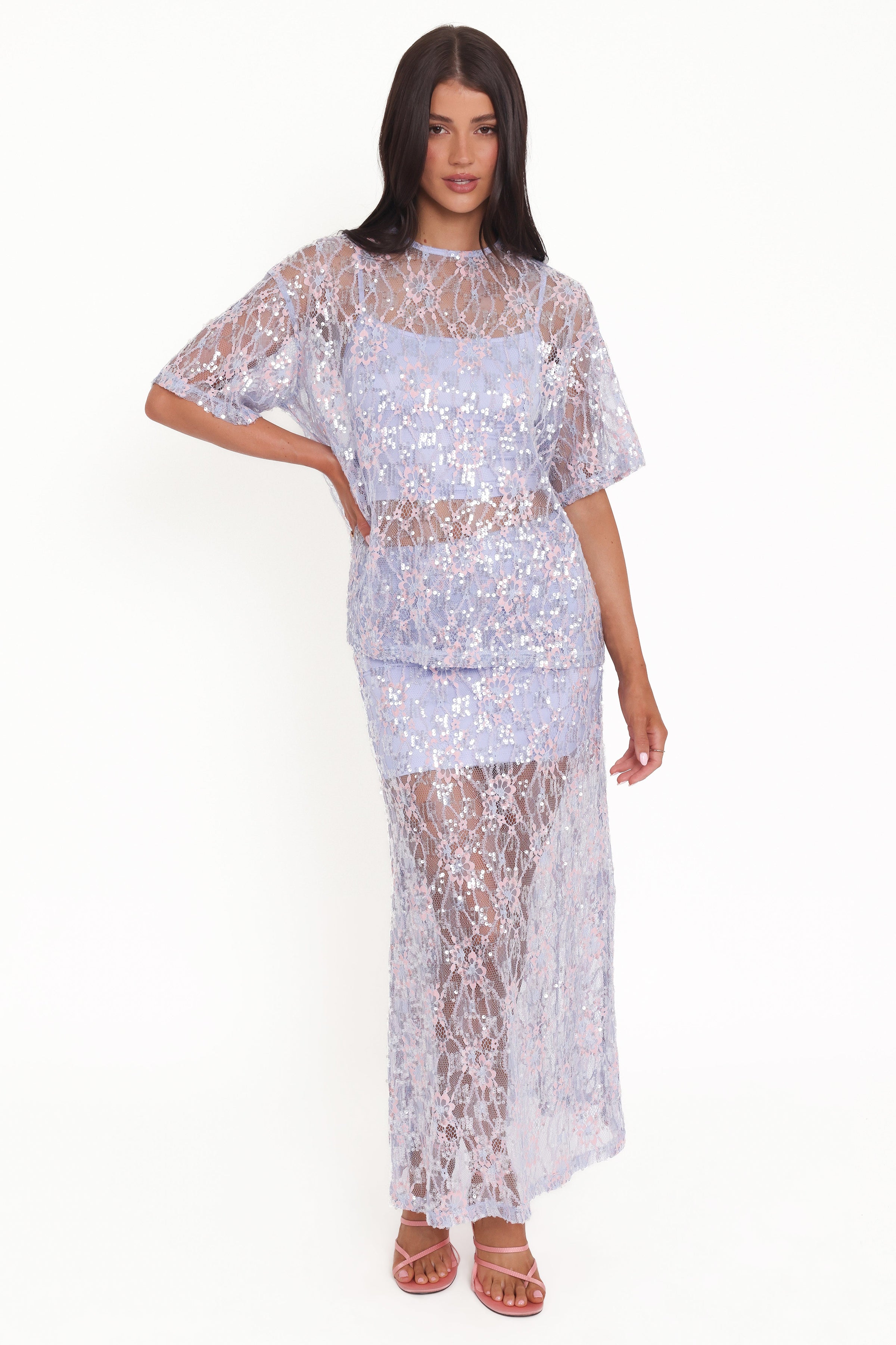 Petal and Pup USA TOPS Yonder Sheer Lace Tee Top - Purple