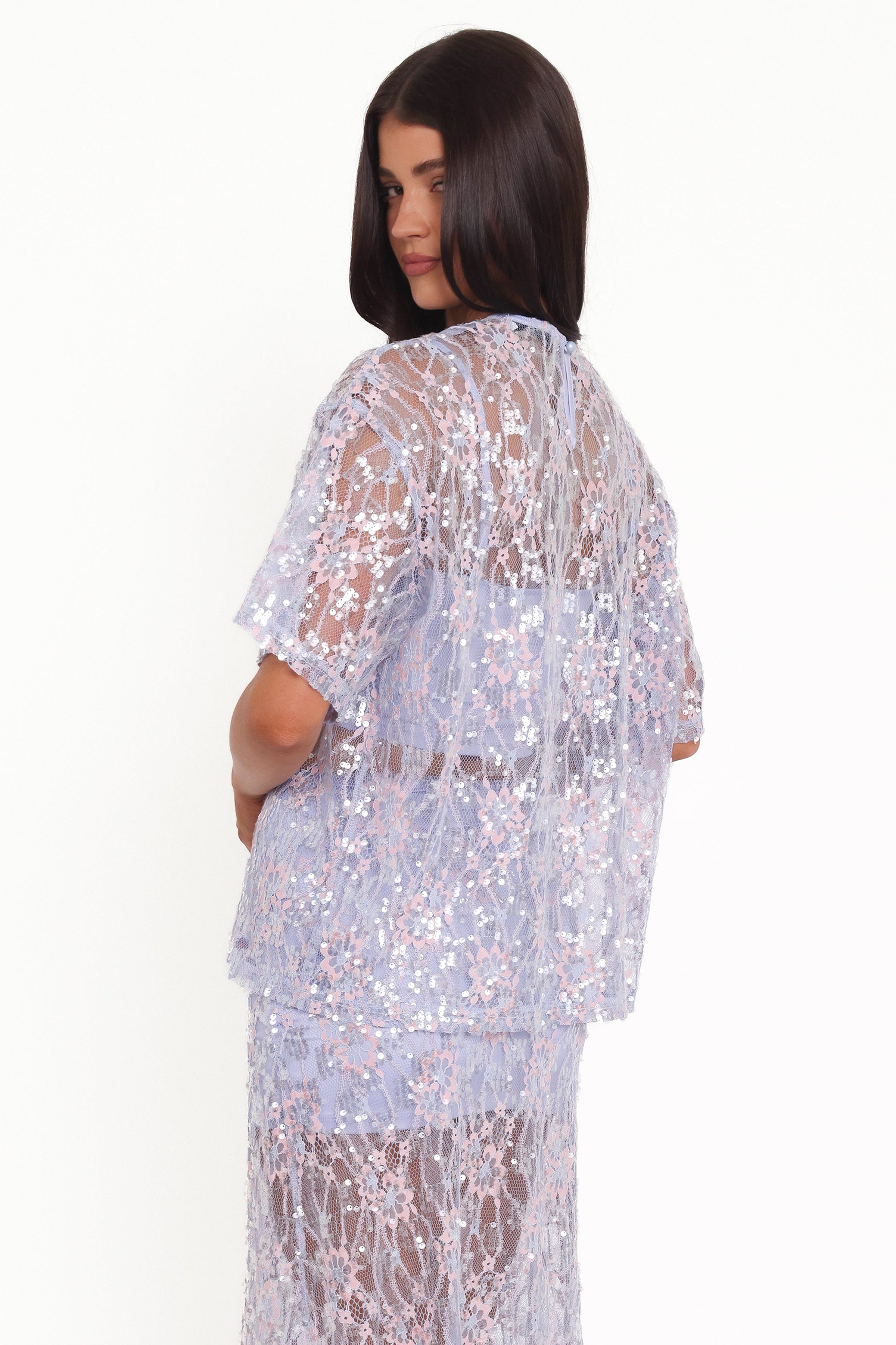 Petal and Pup USA TOPS Yonder Sheer Lace Tee Top - Purple