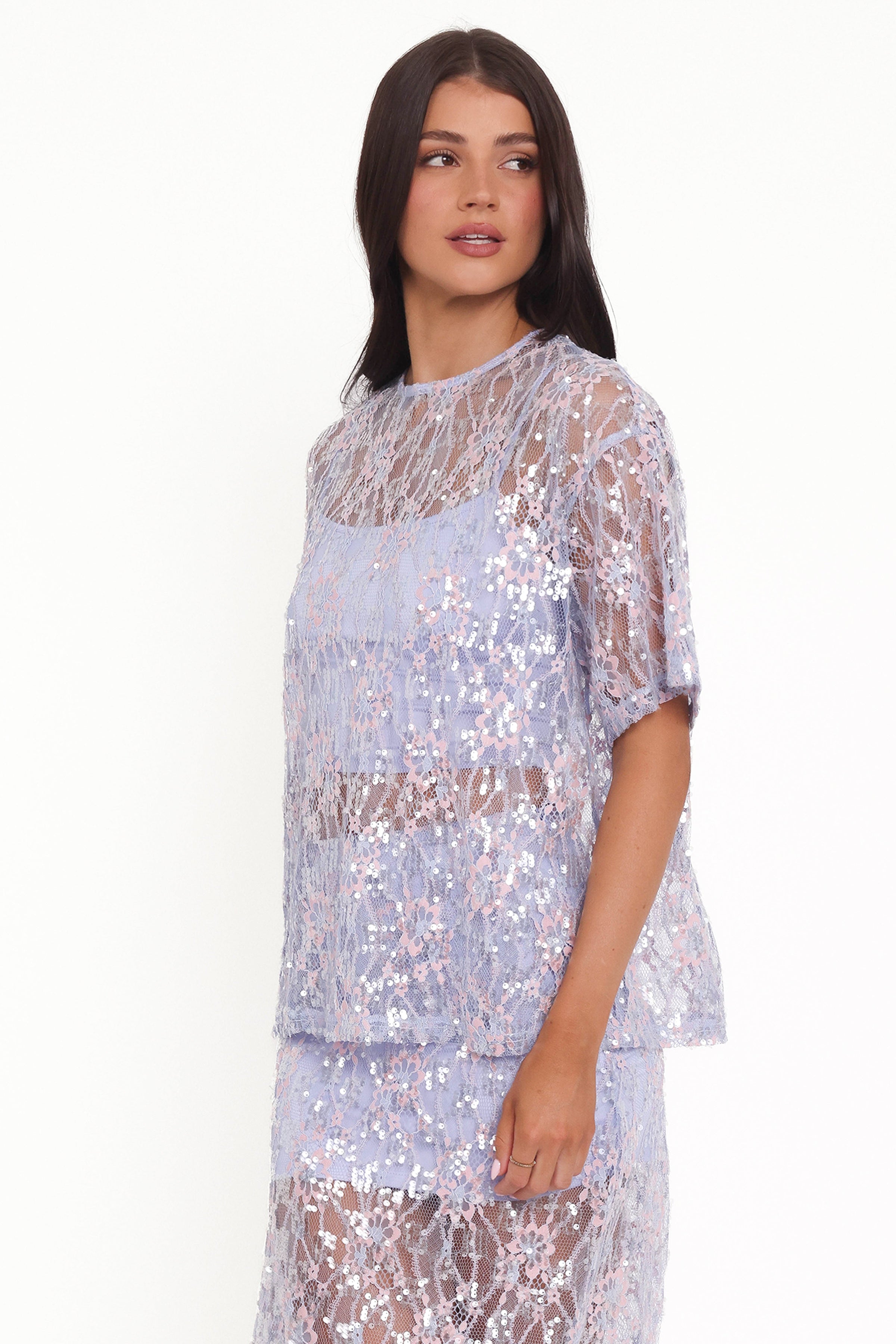 Petal and Pup USA TOPS Yonder Sheer Lace Tee Top - Purple