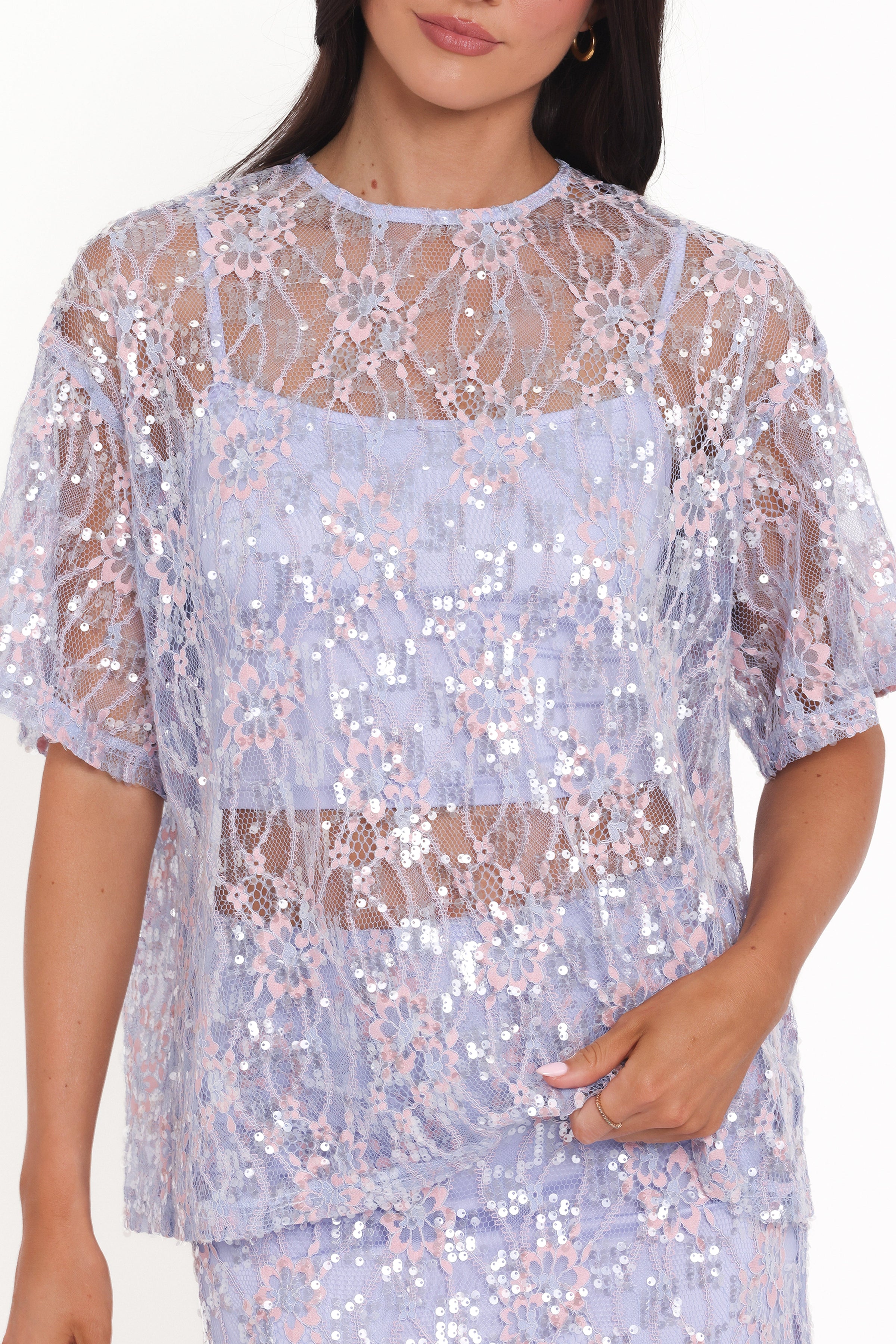 Petal and Pup USA TOPS Yonder Sheer Lace Tee Top - Purple