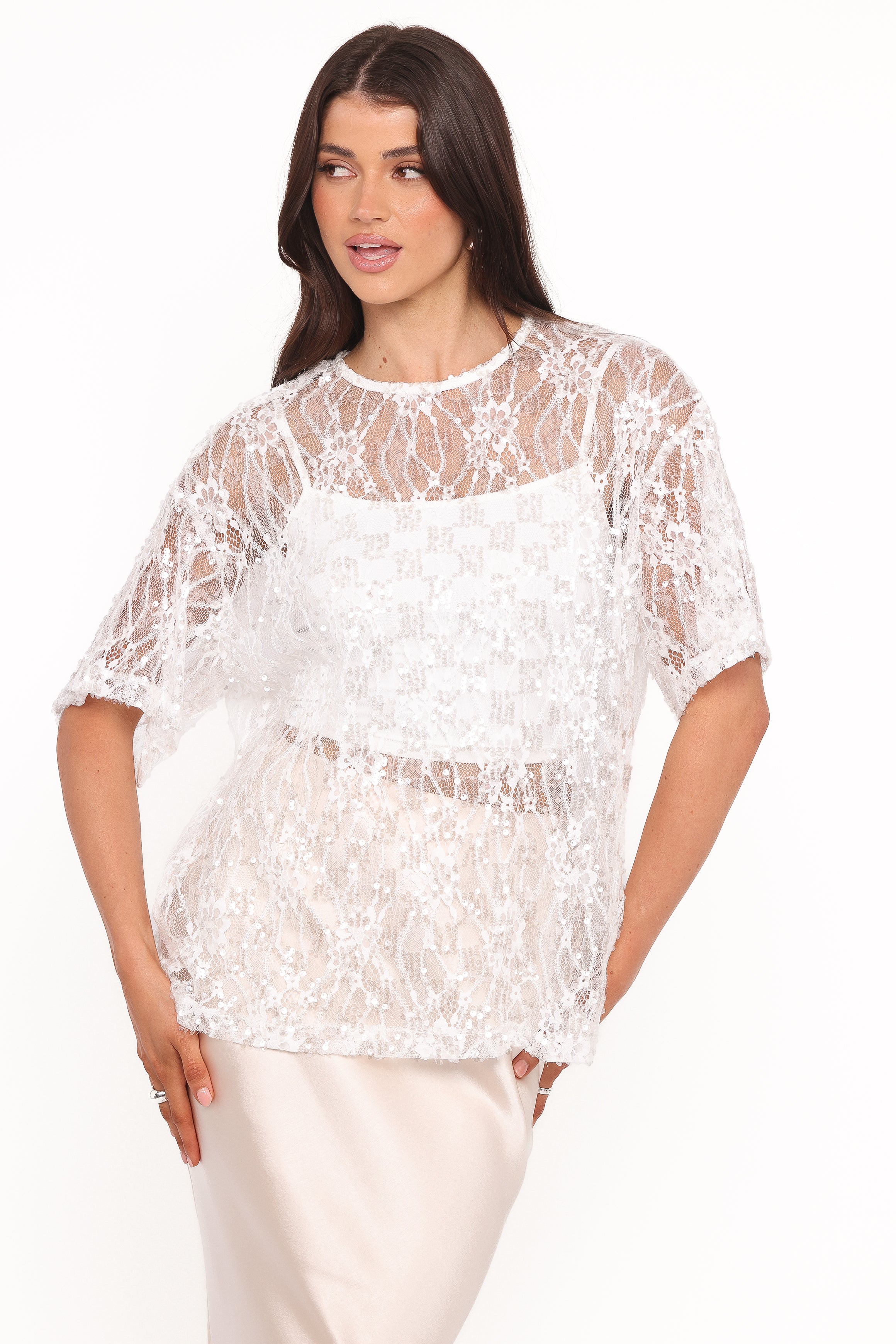 Petal and Pup USA TOPS Yonder Sheer Lace Tee Top - White