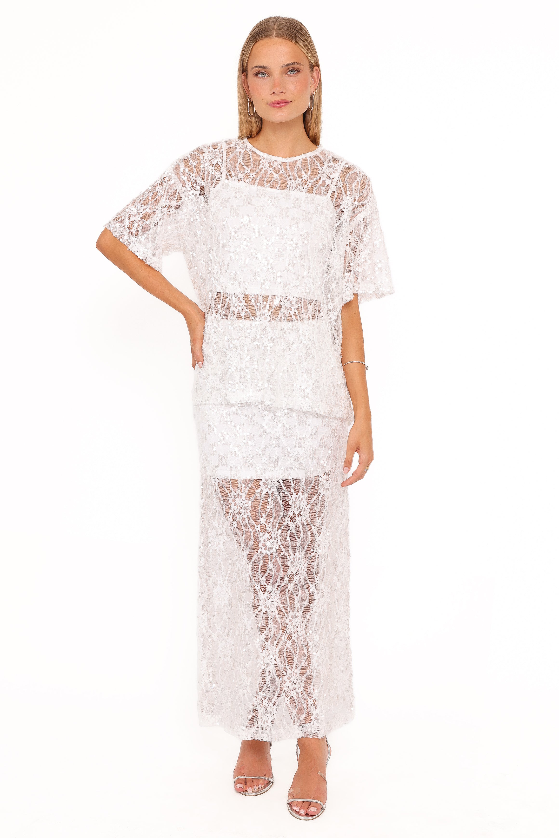 Petal and Pup USA TOPS Yonder Sheer Lace Tee Top - White