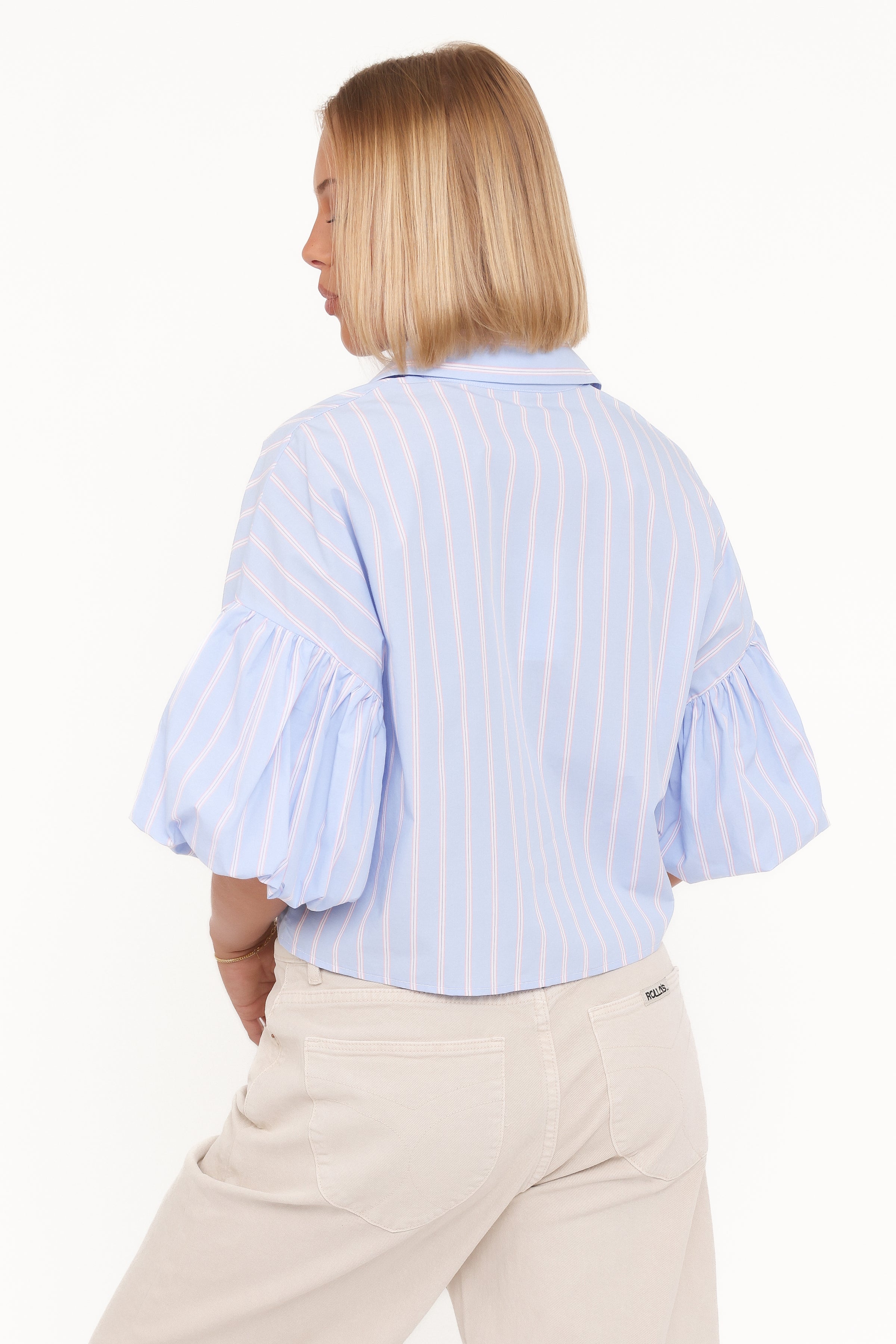 Petal and Pup USA TOPS Zella Puff Sleeve Button Up Shirt - Blue White Stripe
