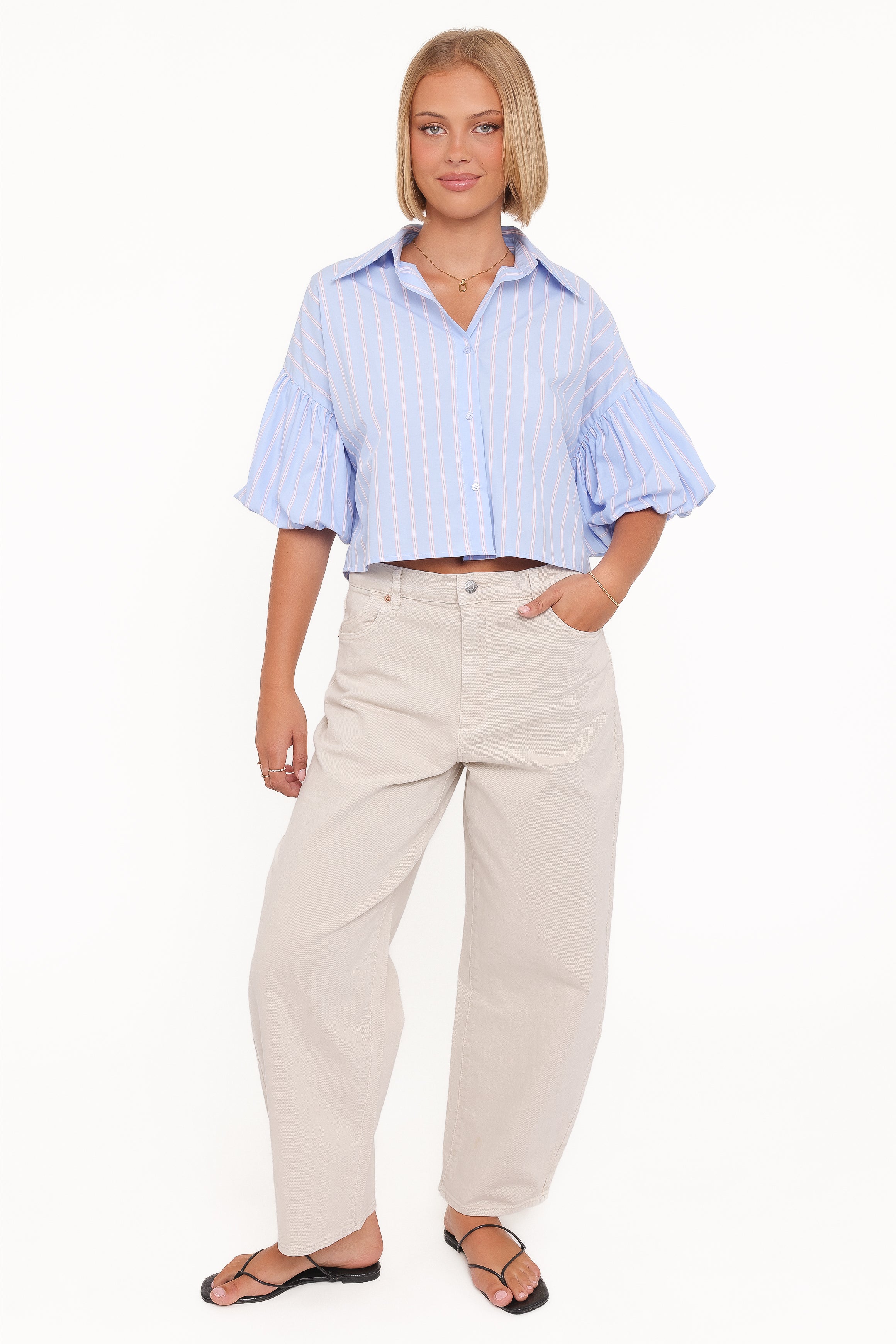 Petal and Pup USA TOPS Zella Puff Sleeve Button Up Shirt - Blue White Stripe