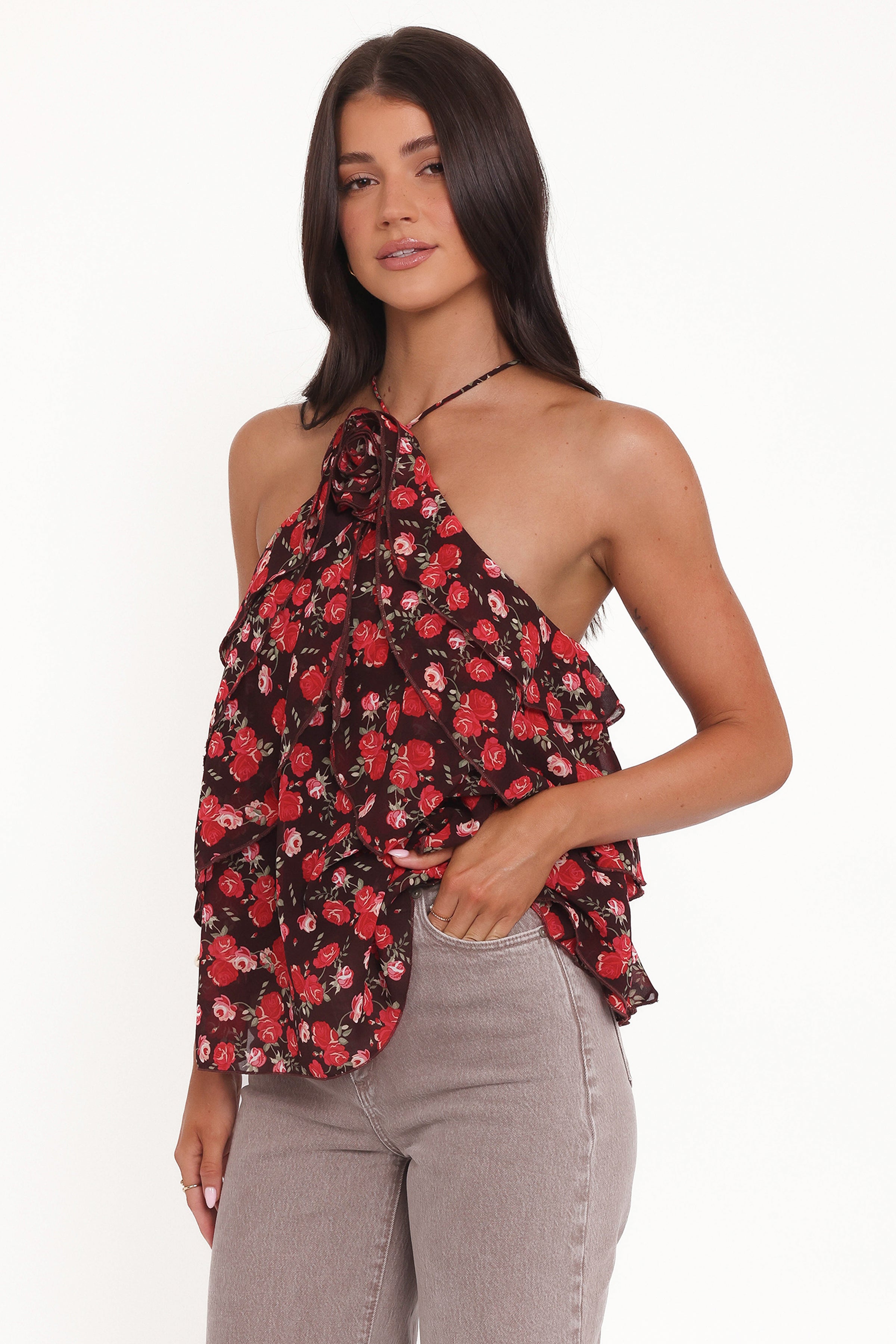 Petal and Pup USA TOPS Zorina Halter Neck Chiffon Top - Brown Floral