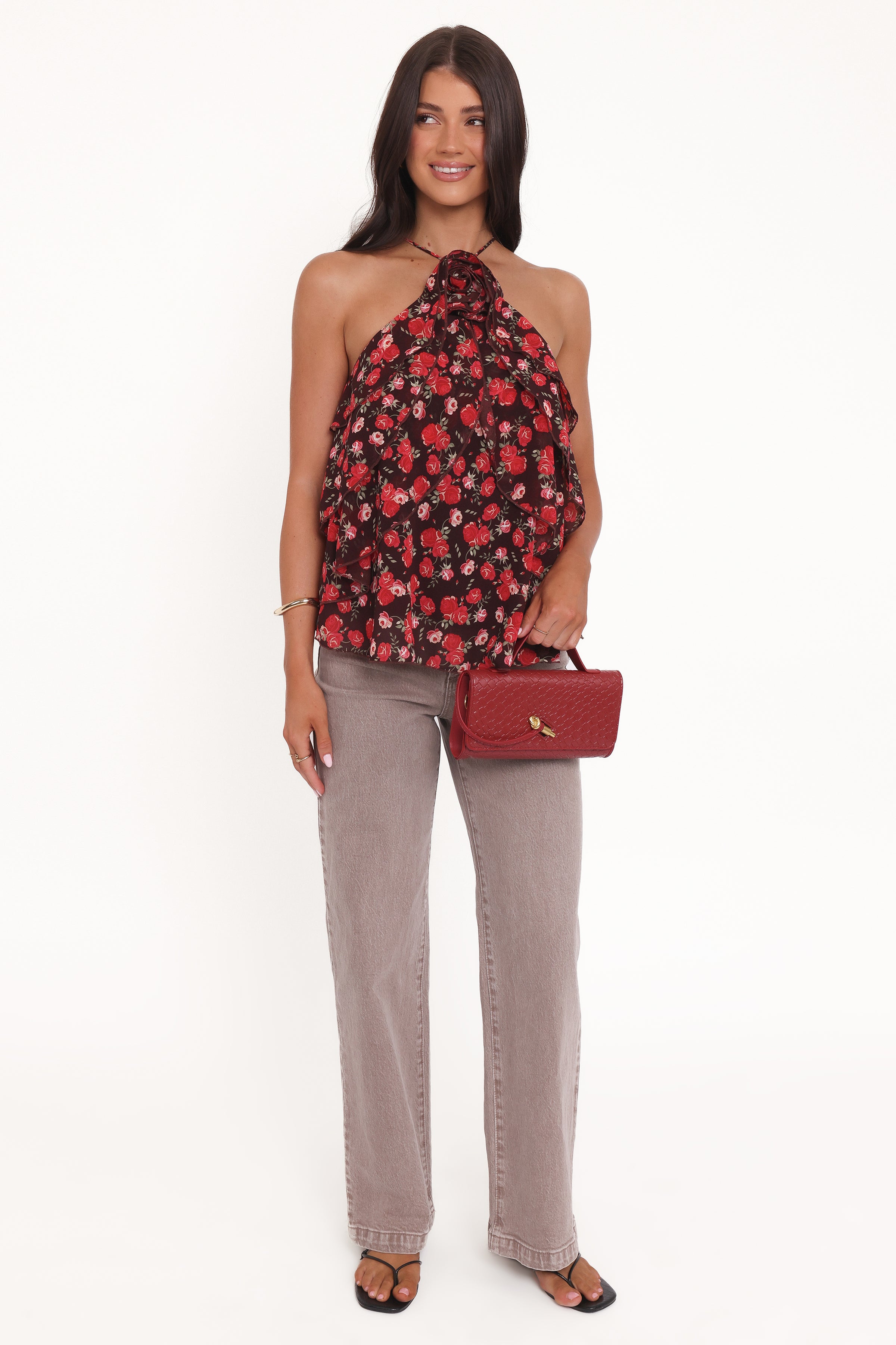 Petal and Pup USA TOPS Zorina Halter Neck Chiffon Top - Brown Floral