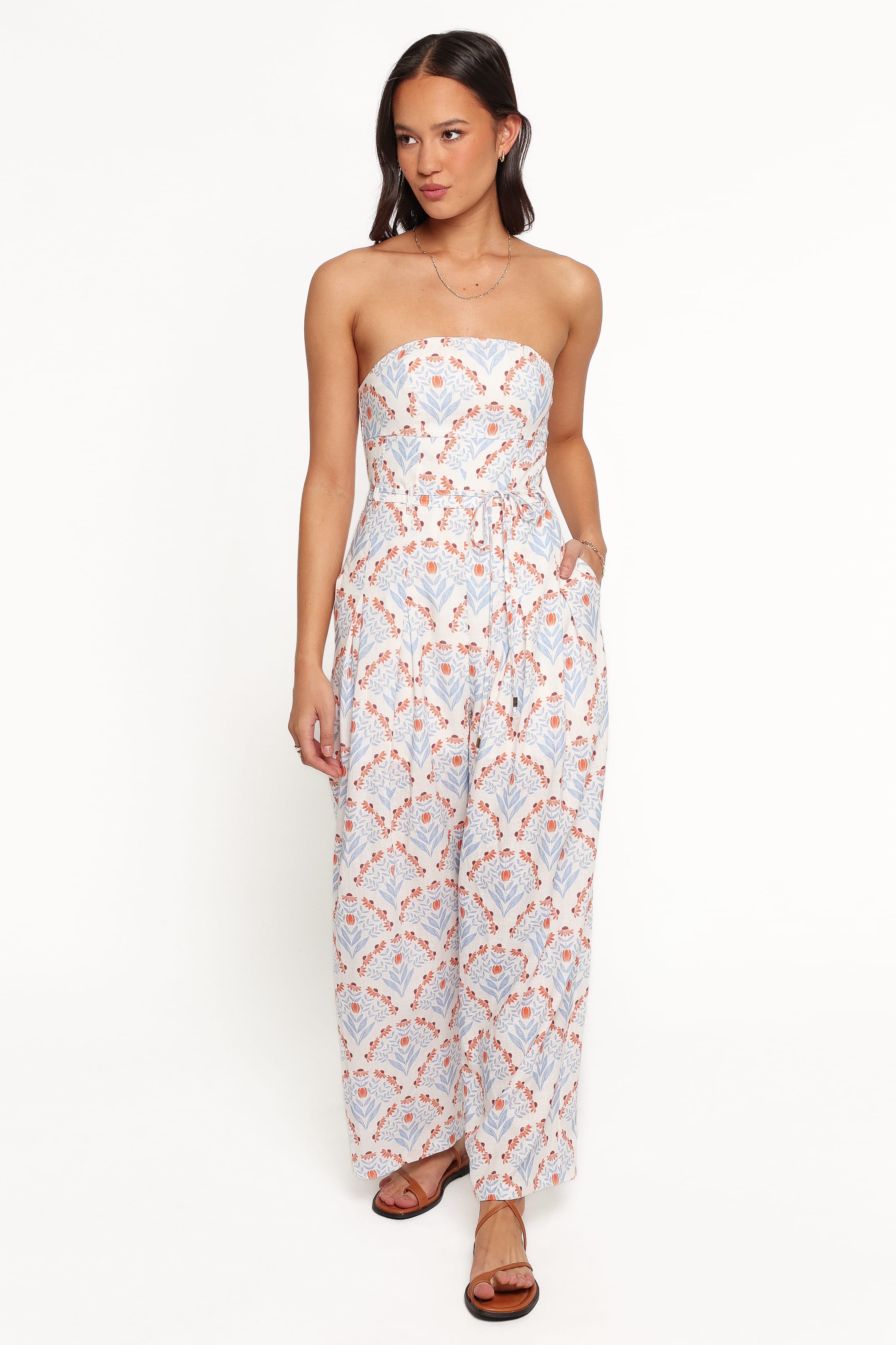PLAYSUITS Calliope Tie Waist Jumpsuit - White Blue