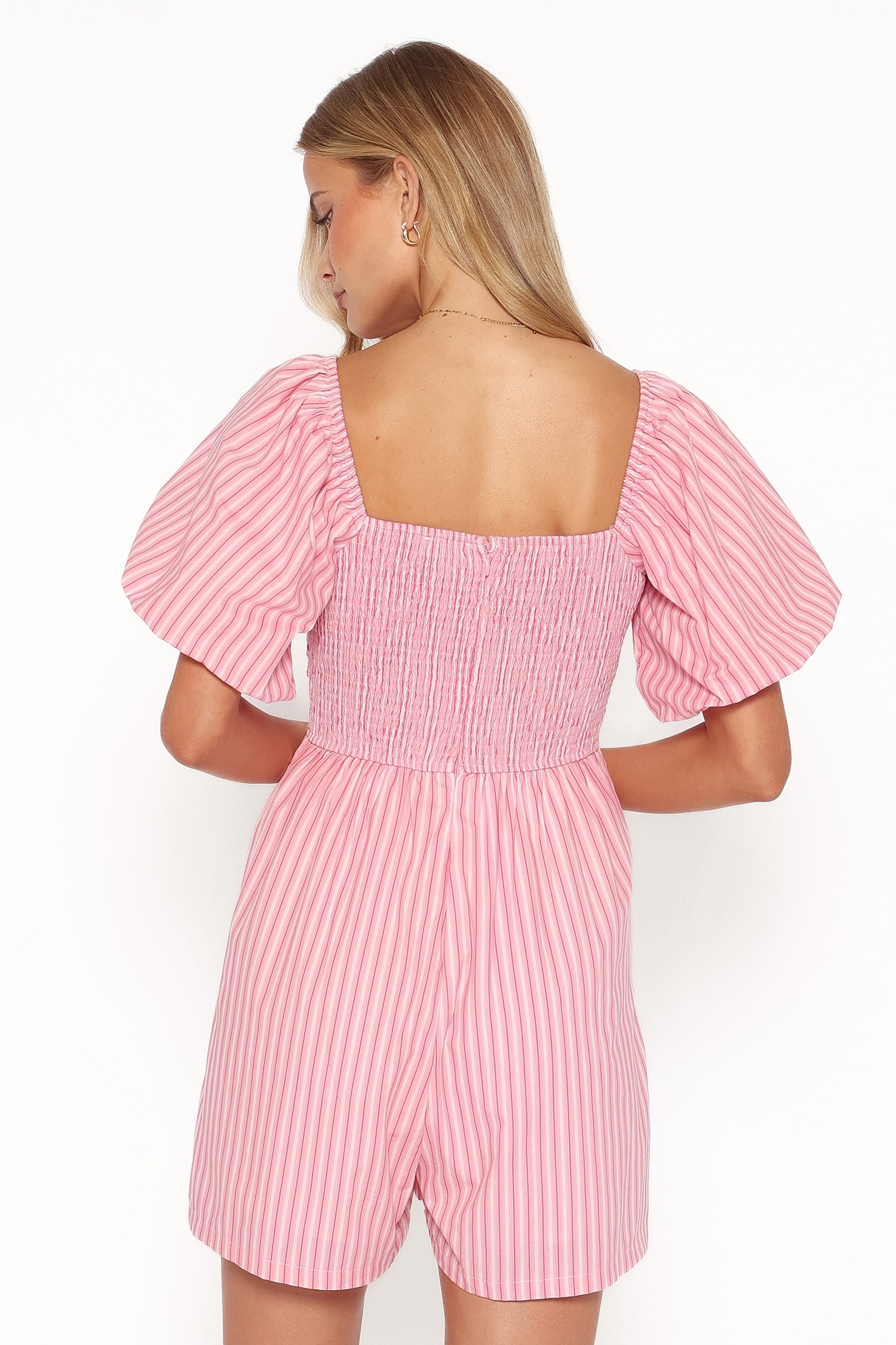 PLAYSUITS Clo Puff Sleeve Romper - Pink Stripe