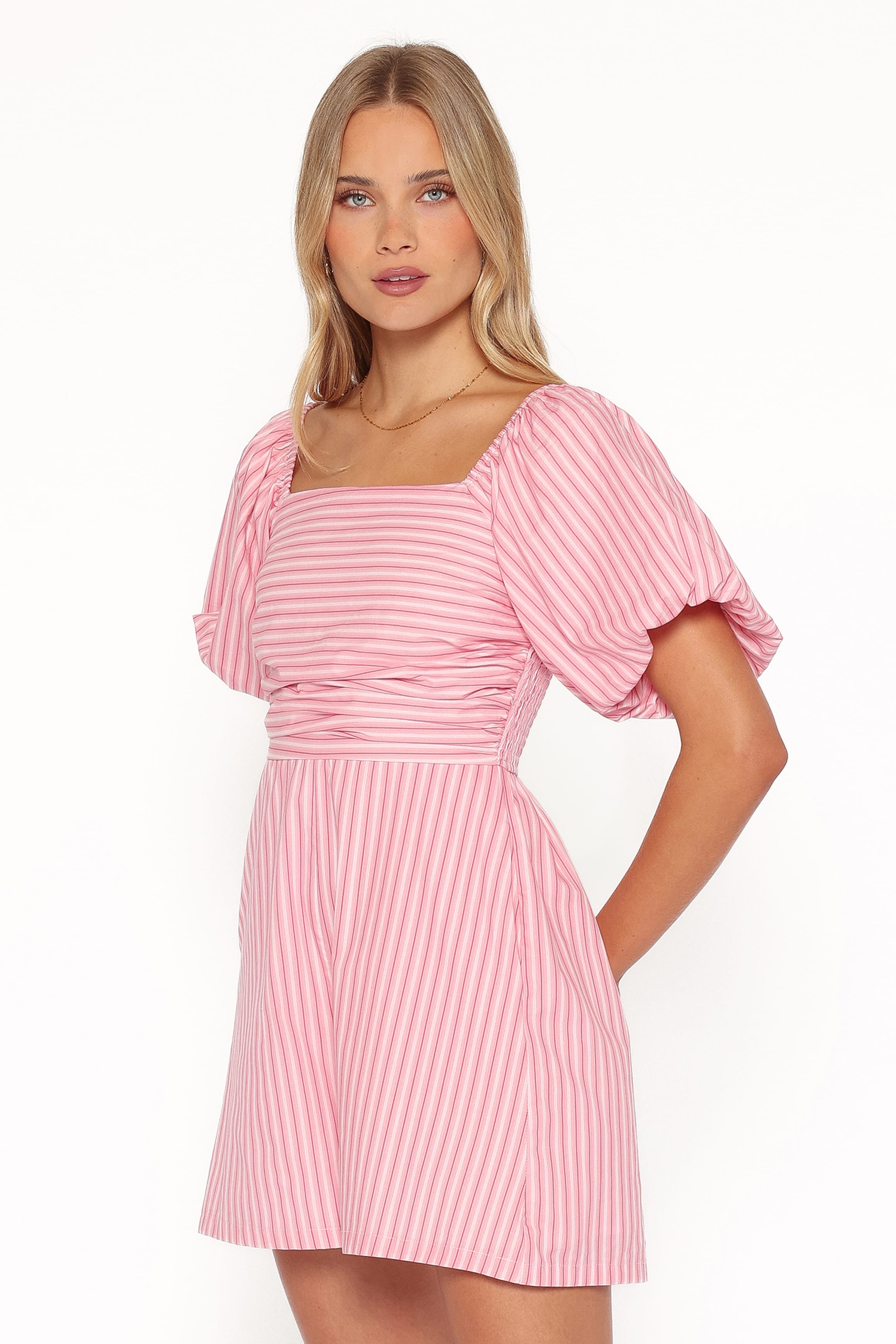 PLAYSUITS Clo Puff Sleeve Romper - Pink Stripe